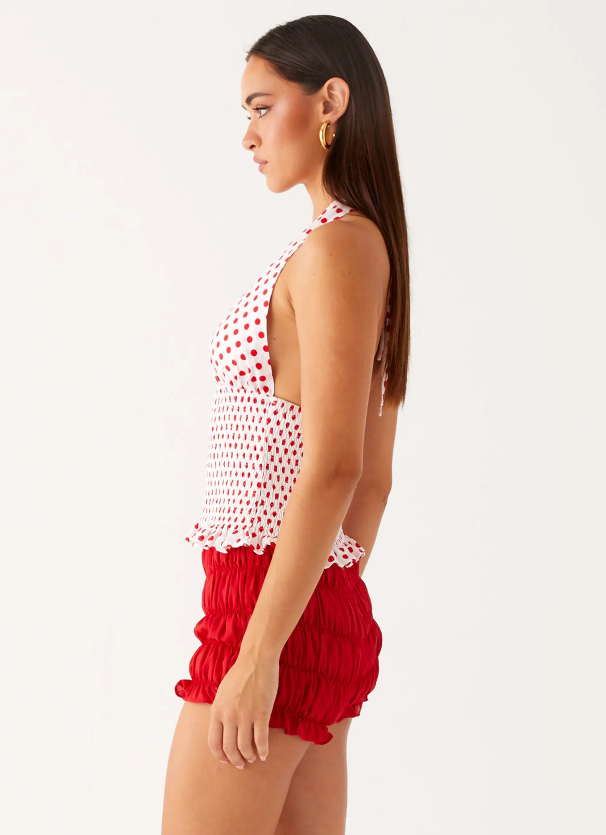 FlexibleRibbedTrims ElasticEdgeBinding Kamren Halter Top - White Red Polka Dot