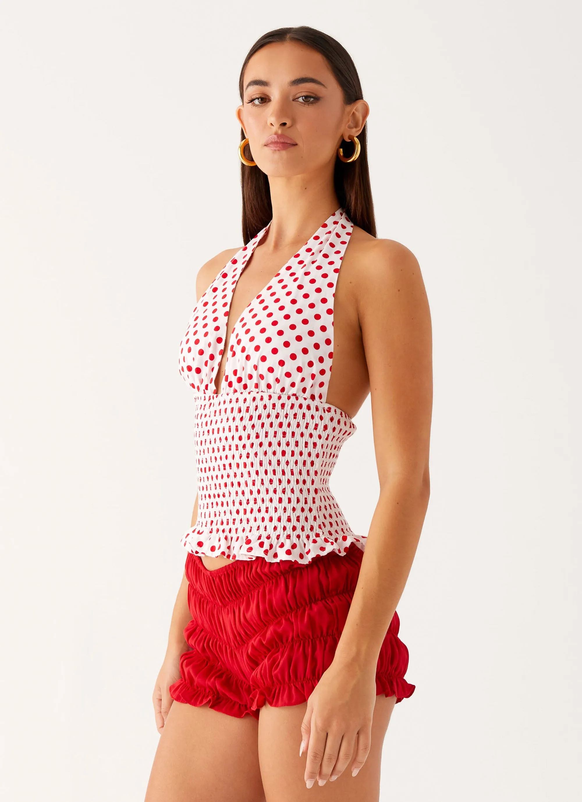 ReinforcedShoulders Ventilated Panel Design Kamren Halter Top - White Red Polka Dot