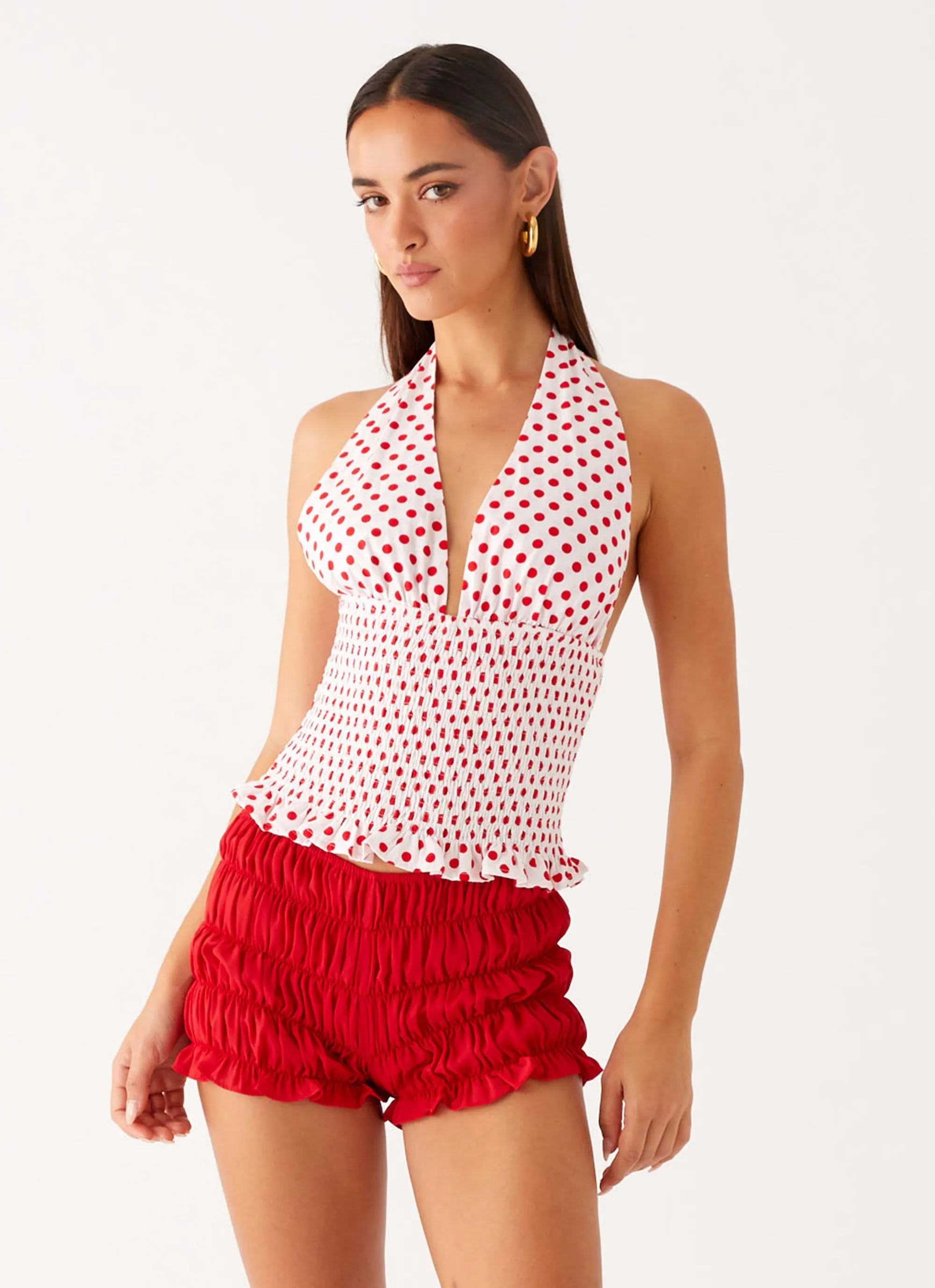 RelaxedFit Printed top Kamren Halter Top - White Red Polka Dot