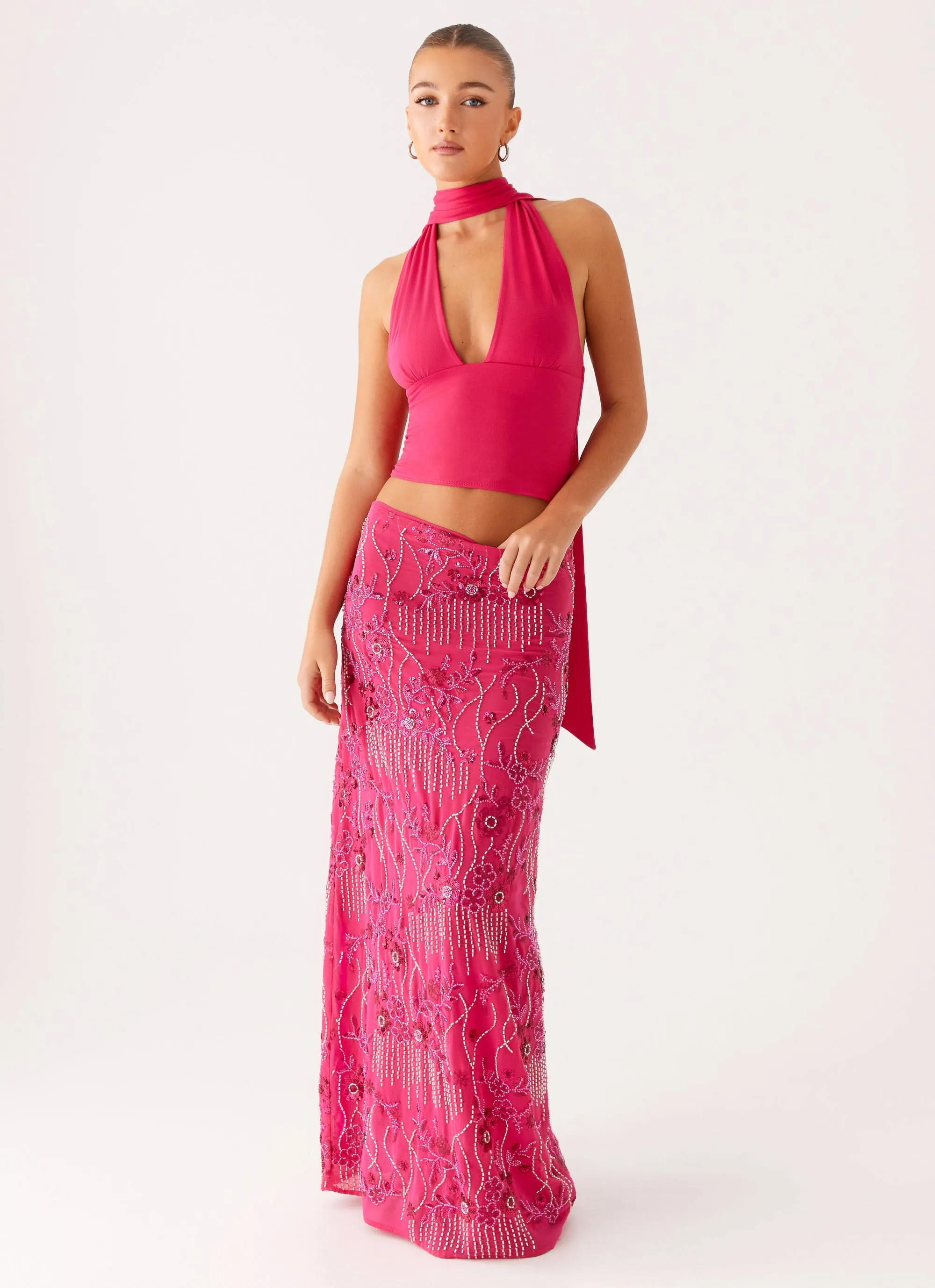Corinna Low Rise Sequin Maxi Skirt - Fuchsia Natural Look