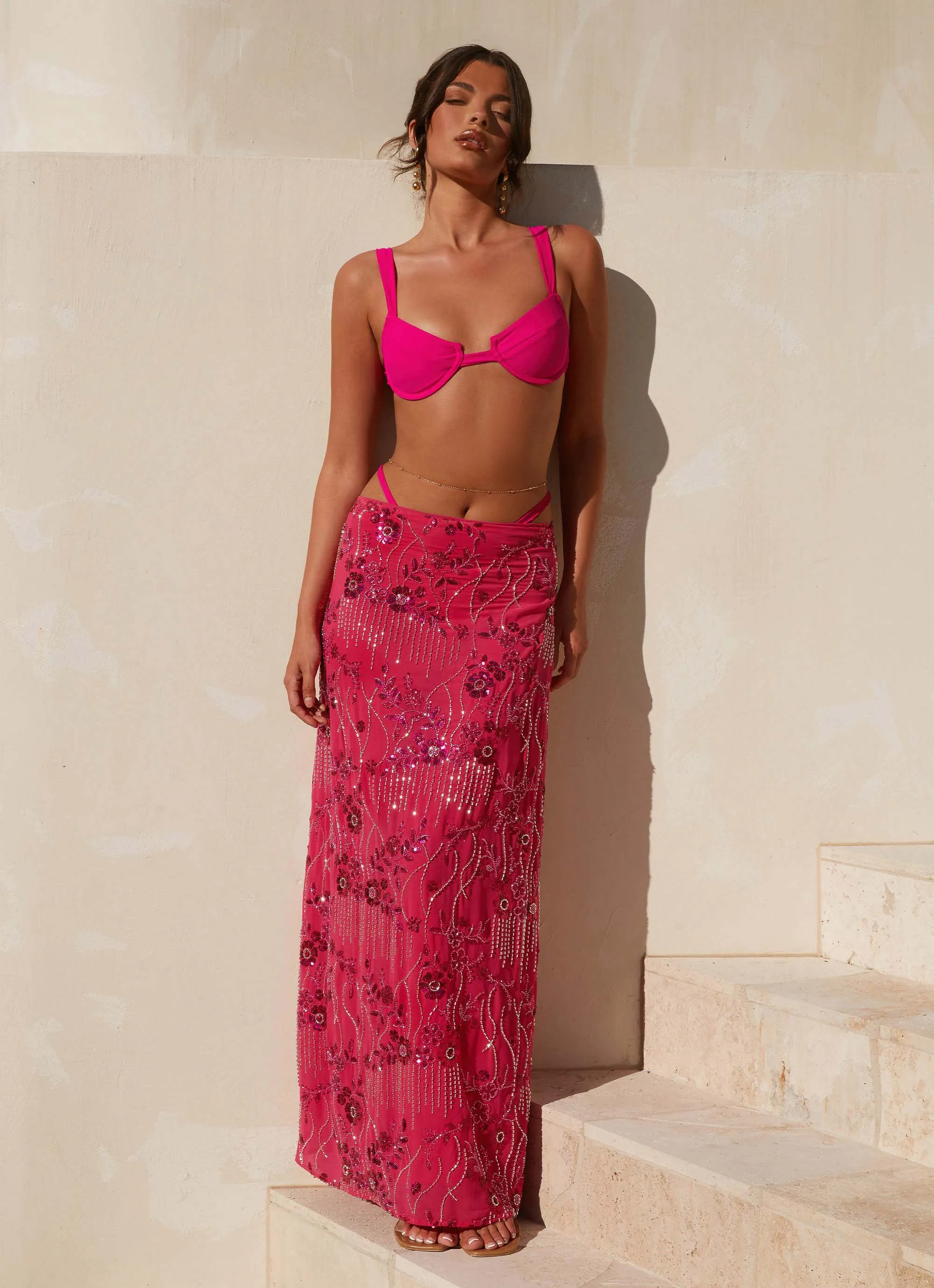 Corinna Low Rise Sequin Maxi Skirt - Fuchsia Adjustable Closure