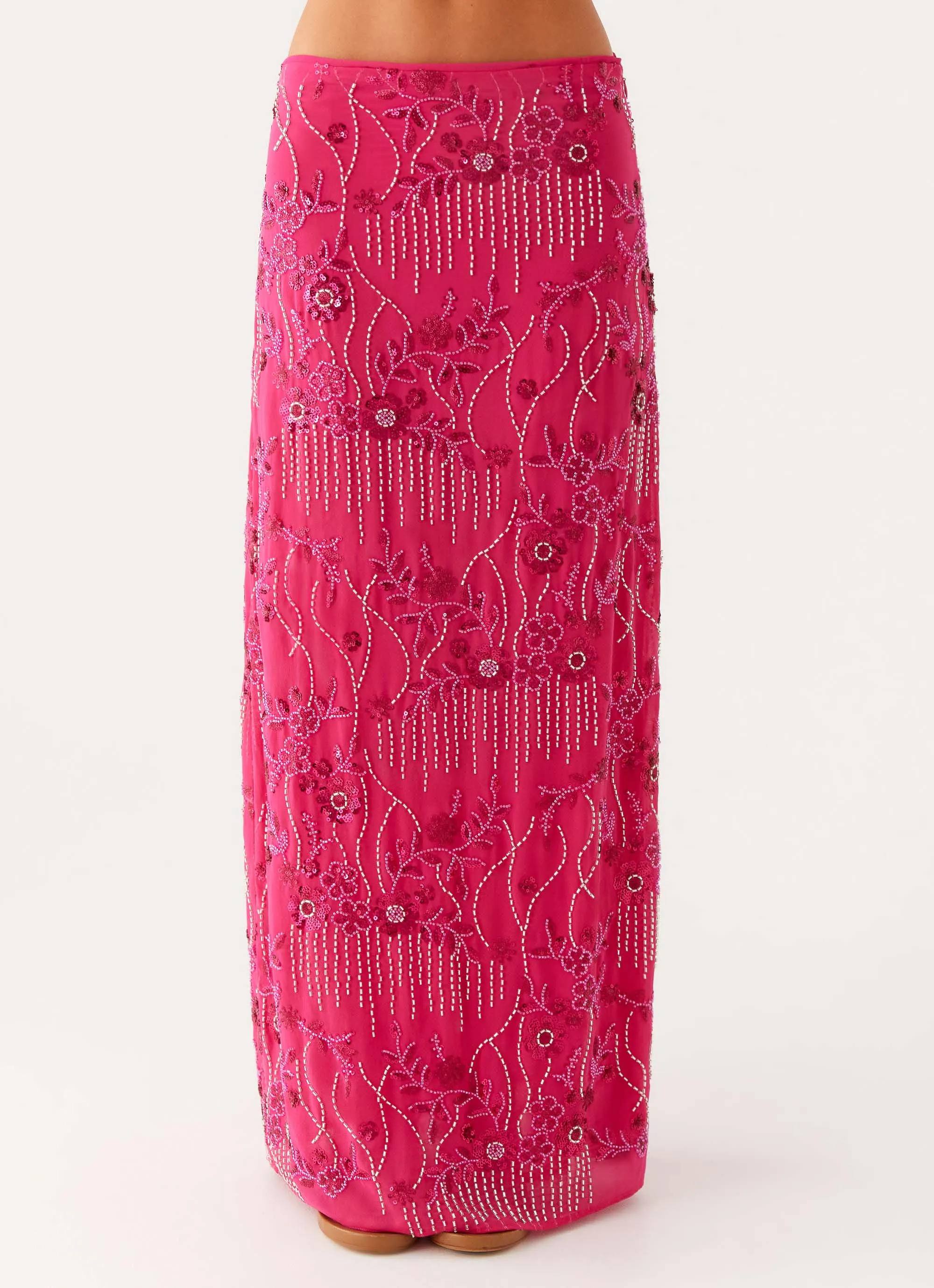 Corinna Low Rise Sequin Maxi Skirt - Fuchsia Wool blend