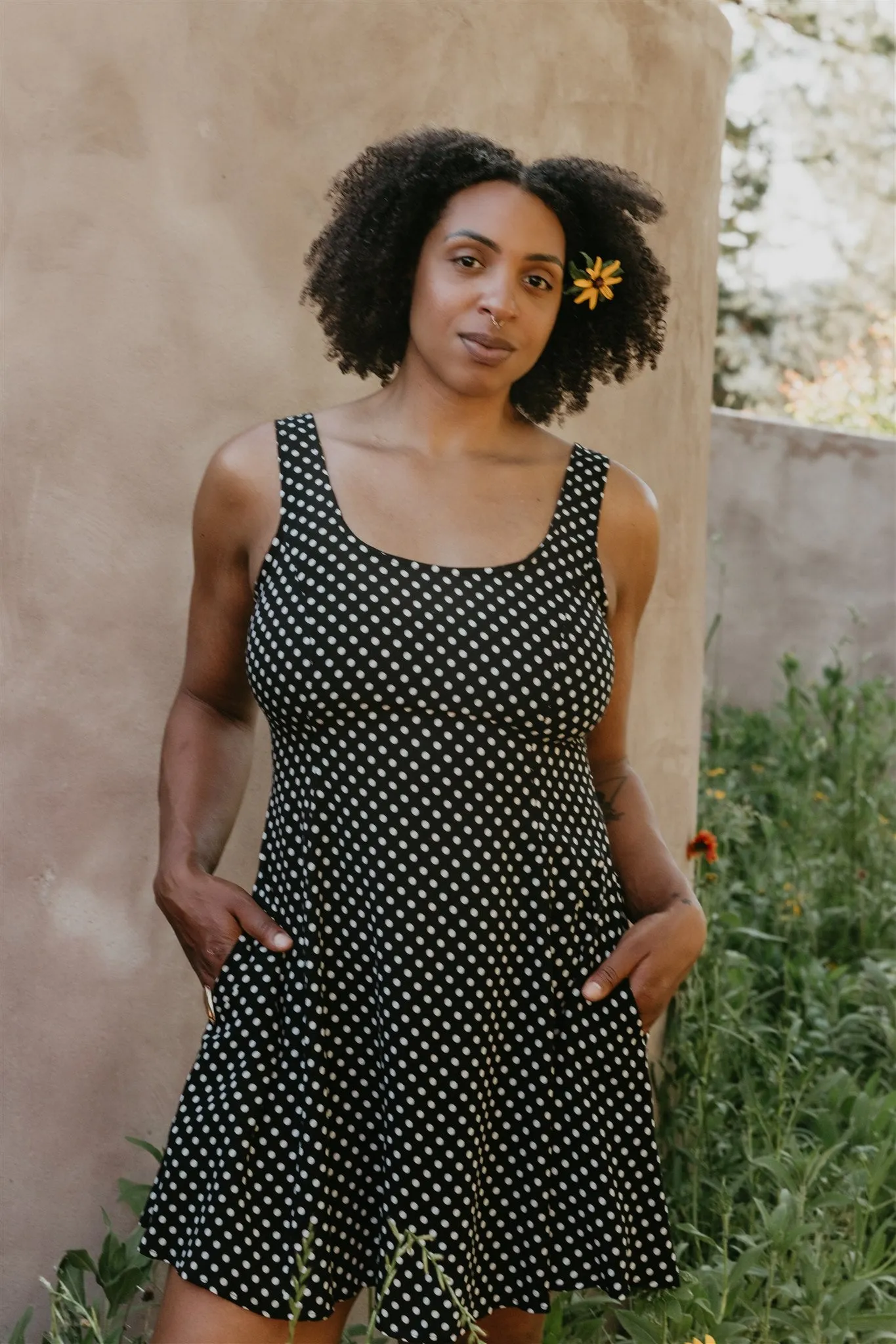 Layered Comfort Wear Applique-Detail Delana Dress in Black and White Polka Dot