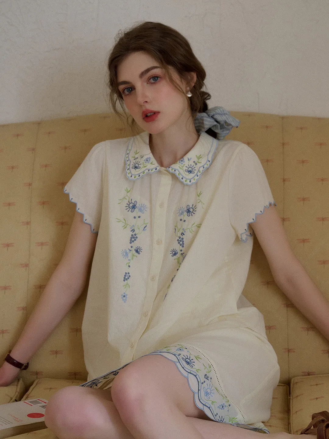 Relaxed Silhouette NonFade Dye Alora Peter Pan Collar Embroidery 100% Cotton Blouse