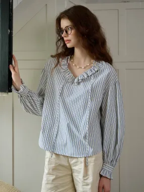 Amalia Trimmed Lace-up V-neck Striped Trimmed Sleeves Blouse Double Stitched Seams