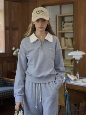 Amoura SR Logo Embroidered Contrast Color Lace Lapel Cotton Sweatshirt Relaxed Design HighNeckCut