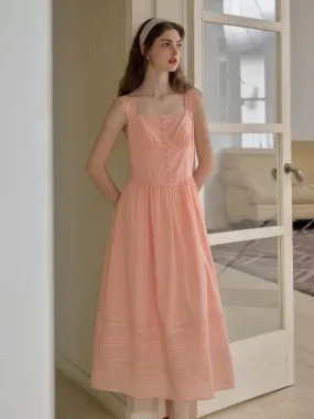 Ana Square Neck Lace 100% Cotton Dress Pure Tone Color-Blocked