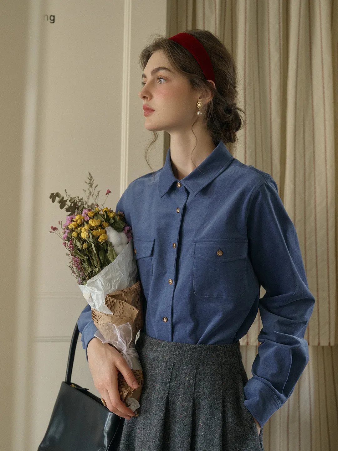 Anais Classic Notched Collar Pocket Corduroy Shirt - Red AntiPillingSurface Soft Touch Texture