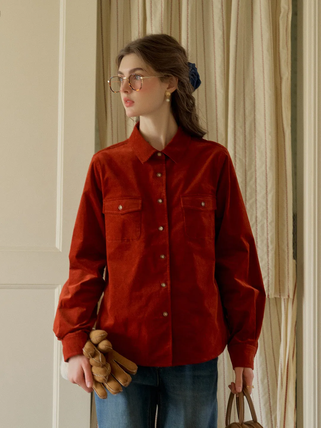 Interlock Knit Anti Pilling Finish Anais Classic Notched Collar Pocket Corduroy Shirt - Red
