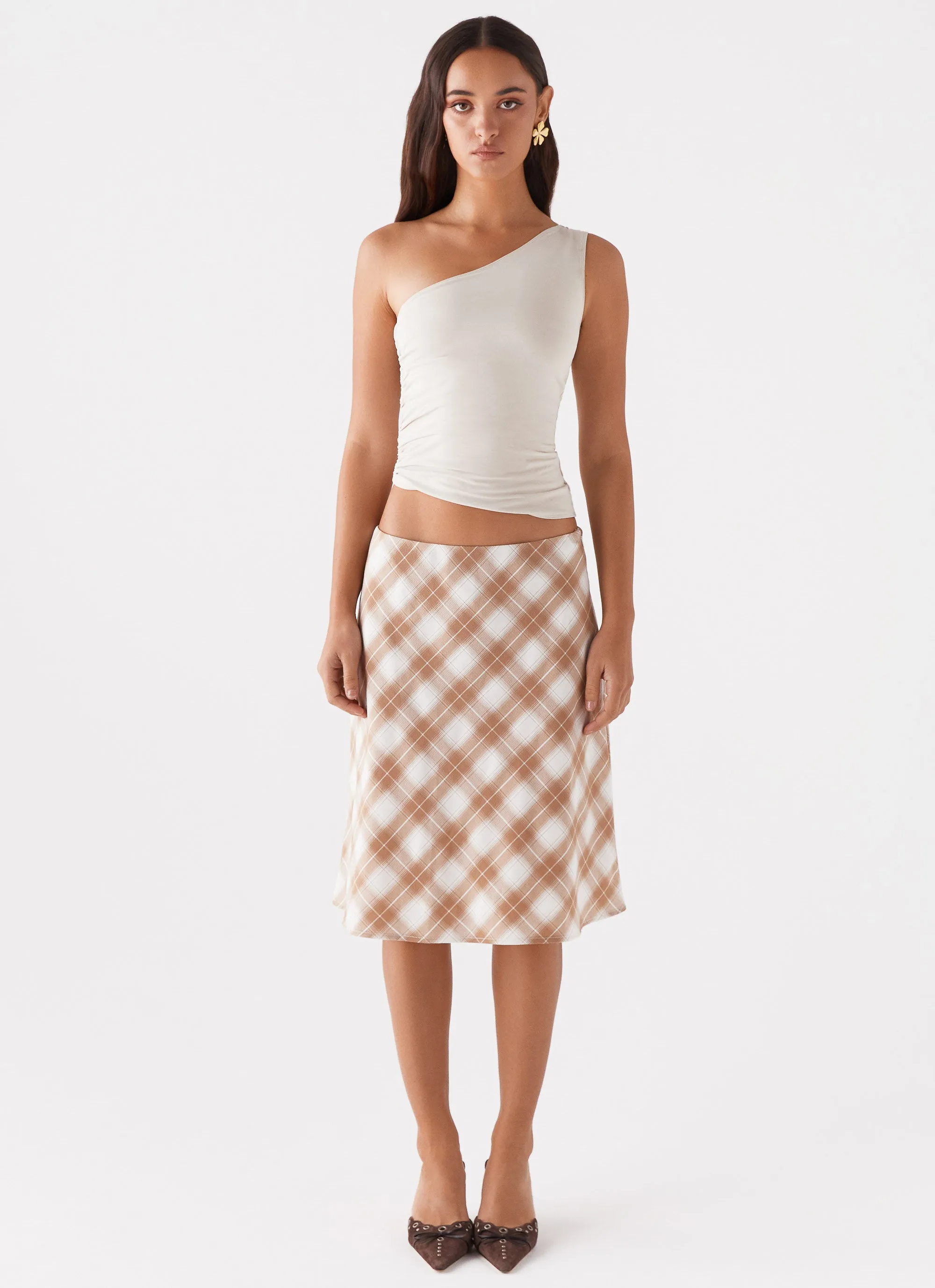 light texture Andie Midi Skirt - Brown/White Plaid