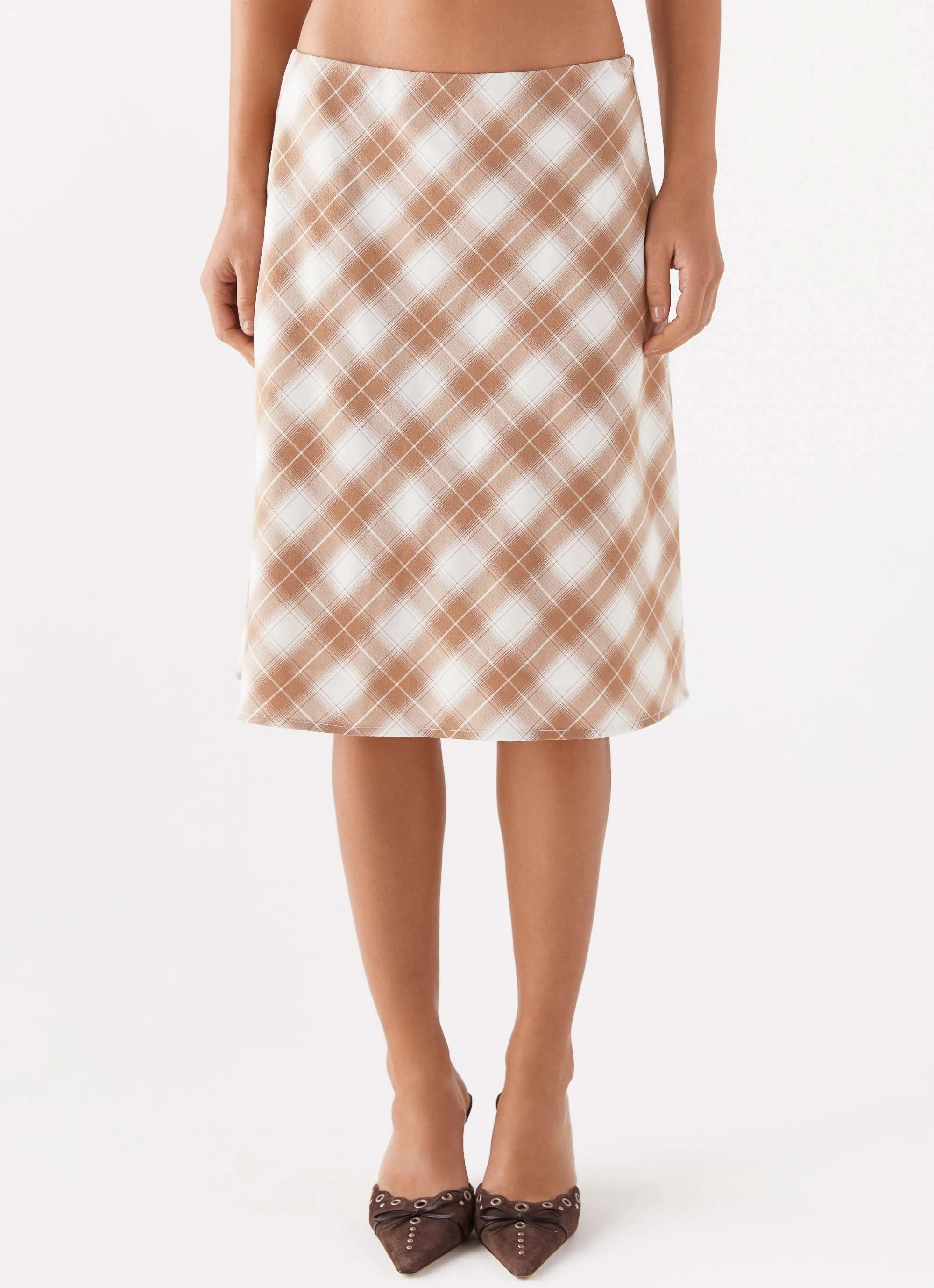 Wrap Front Contemporary Design Andie Midi Skirt - Brown/White Plaid