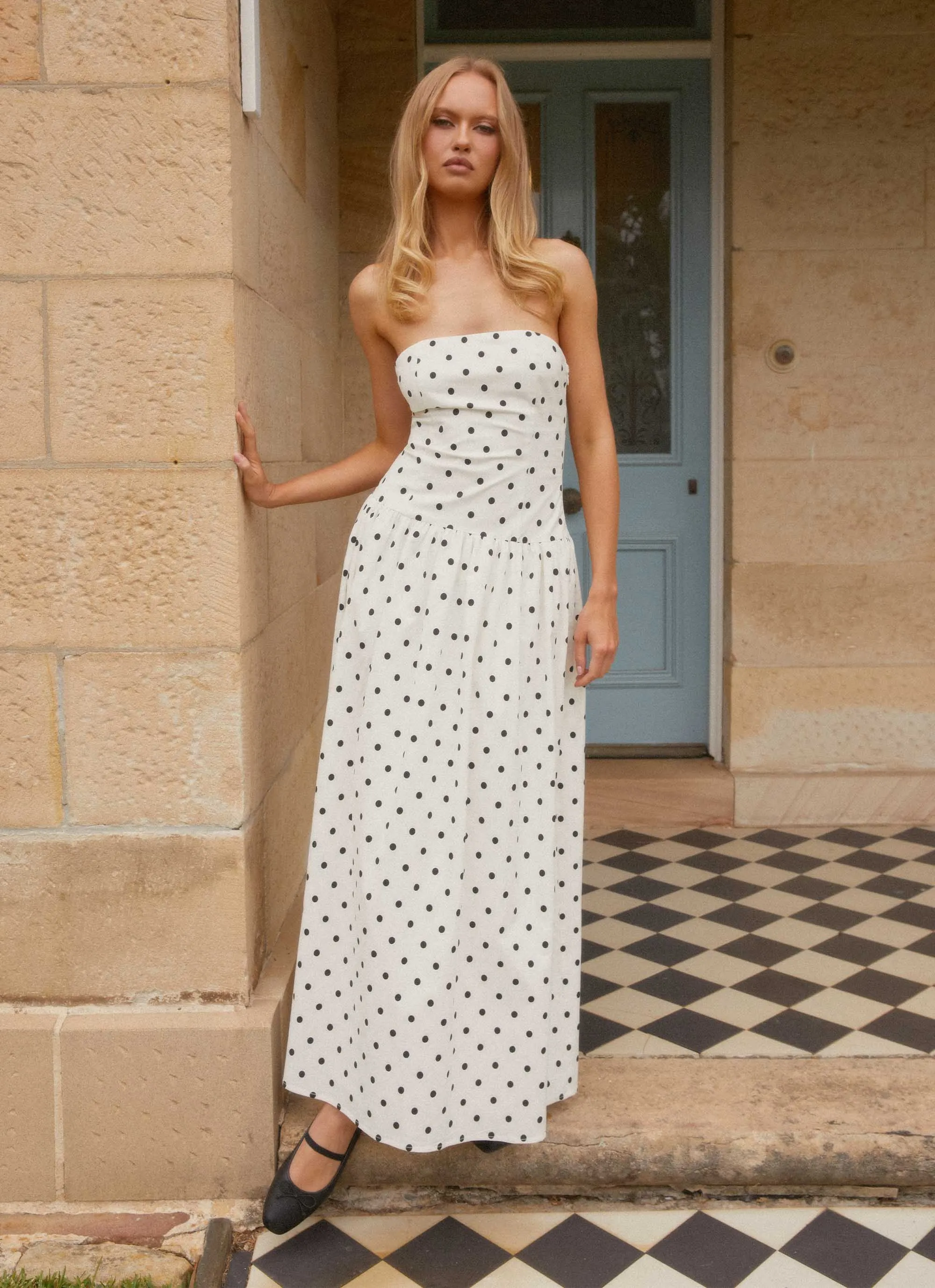 Andorra Maxi Dress - White Polkadot Cozy and Comfortable Poised Vibe