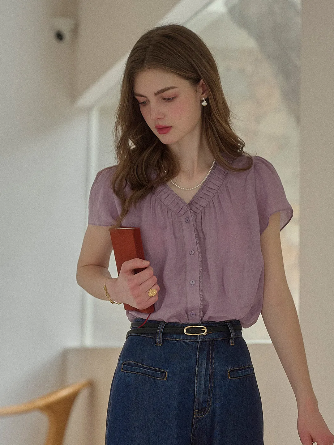 Angela V-Neck 100% Ramie Blouse Professional Look AntiPilling Technology