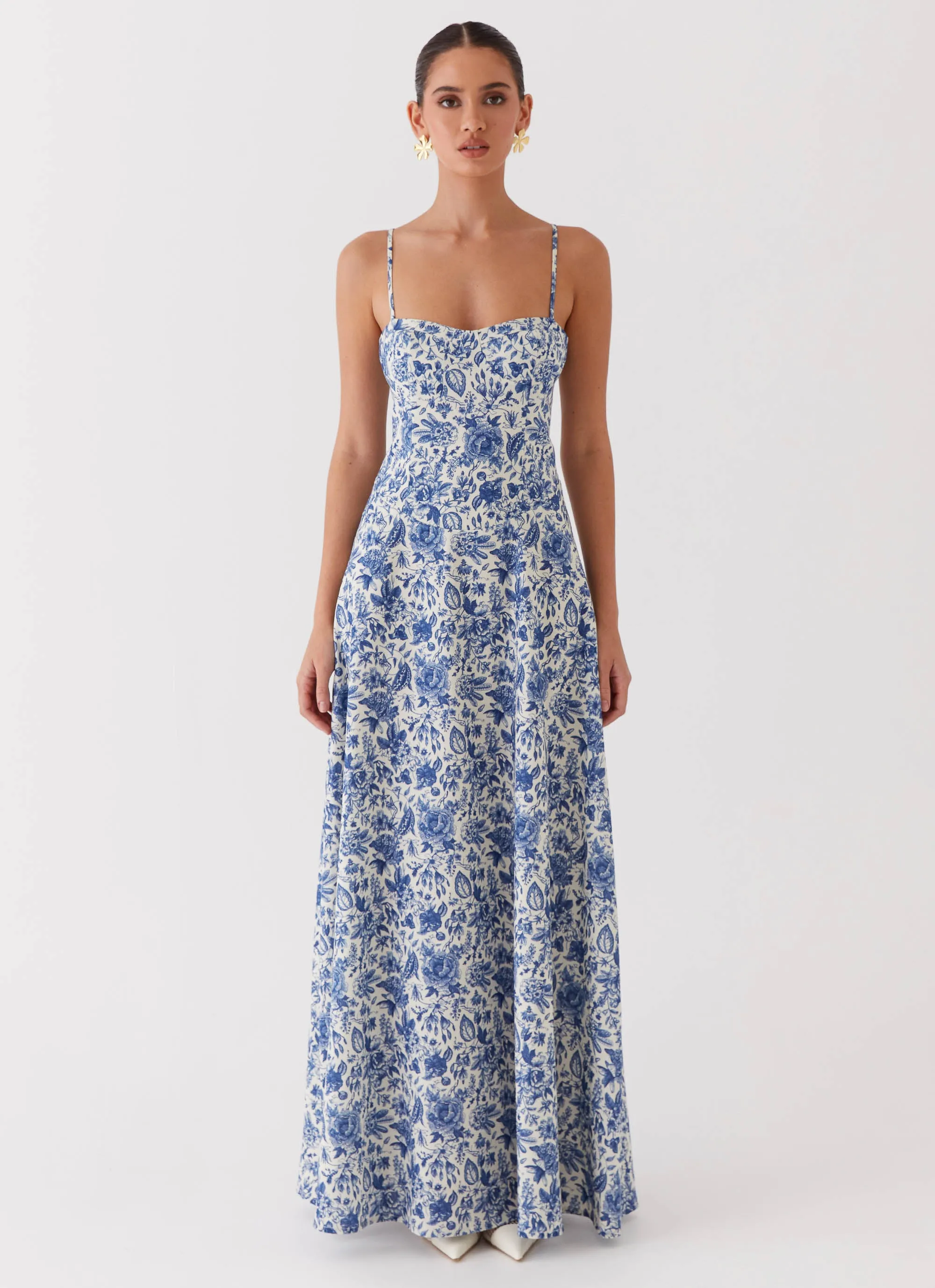 Angelina Linen Maxi Dress - Blue Paisley Bohemian style Church Proper