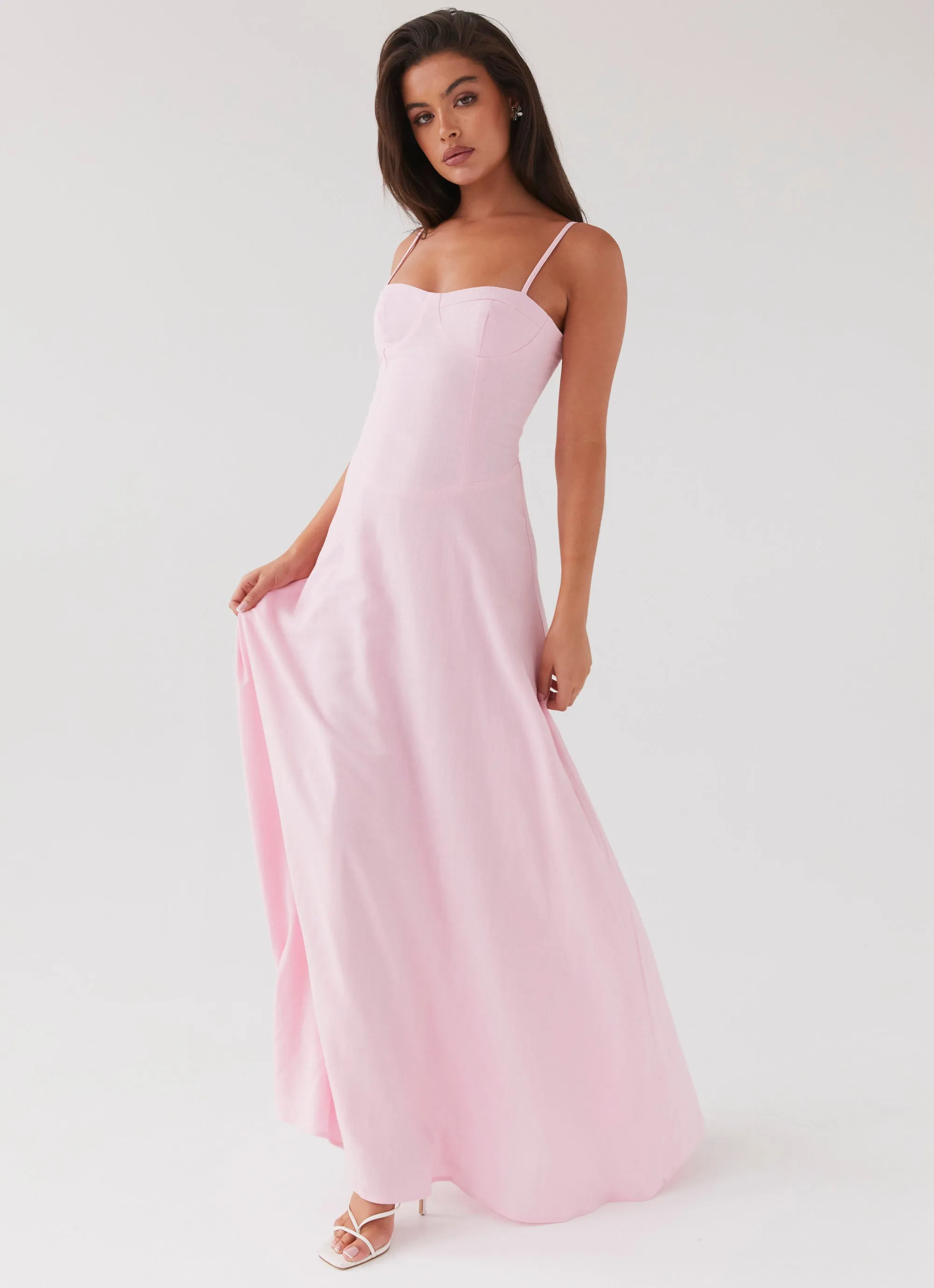Angelina Linen Maxi Dress - Pink Petal Buckle-Detail Delicate Edge