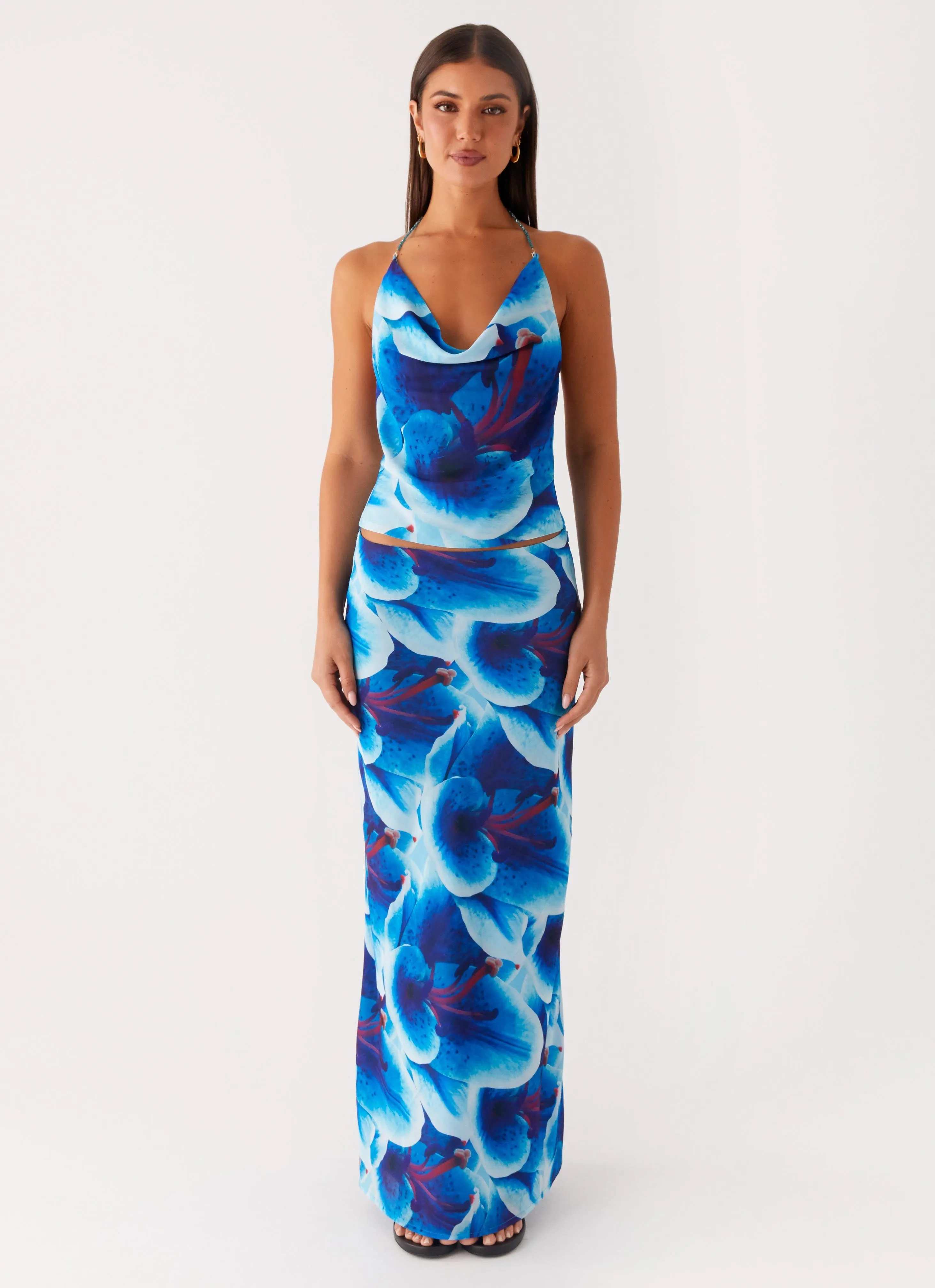 Another Life Chiffon Maxi Skirt - Turquoise Floral AntiSlipWaistband