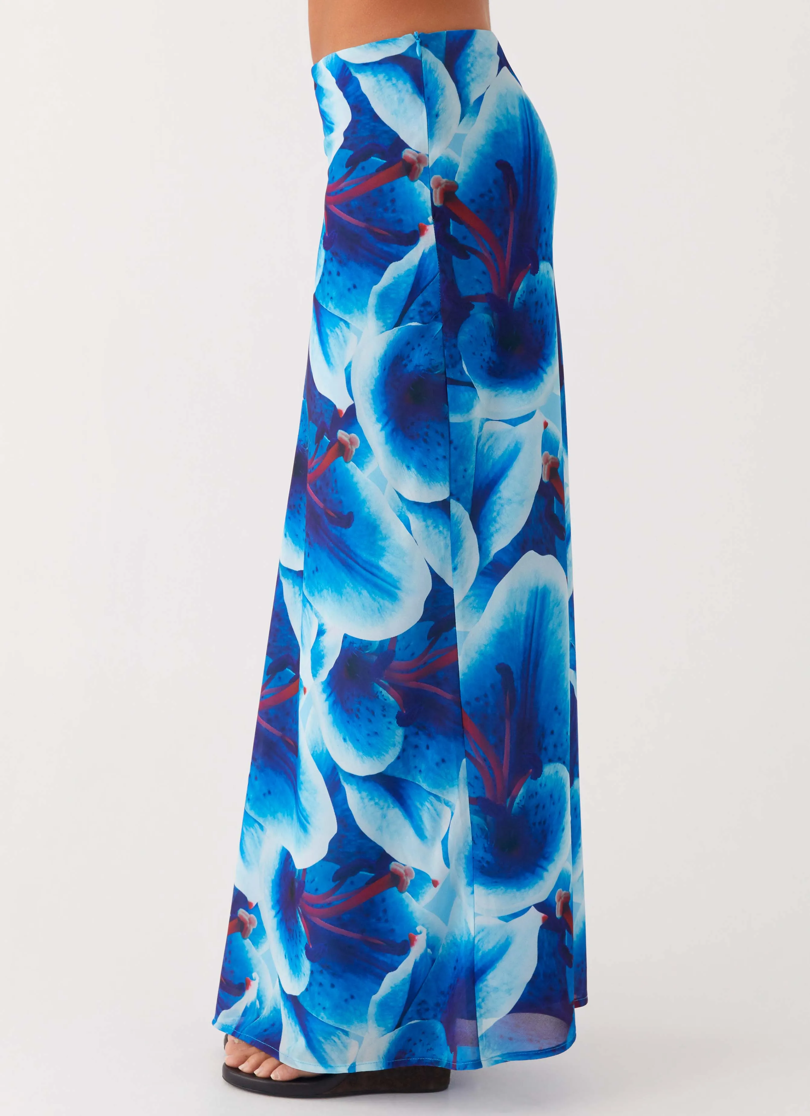 Another Life Chiffon Maxi Skirt - Turquoise Floral Front Slit Seasonal Drop