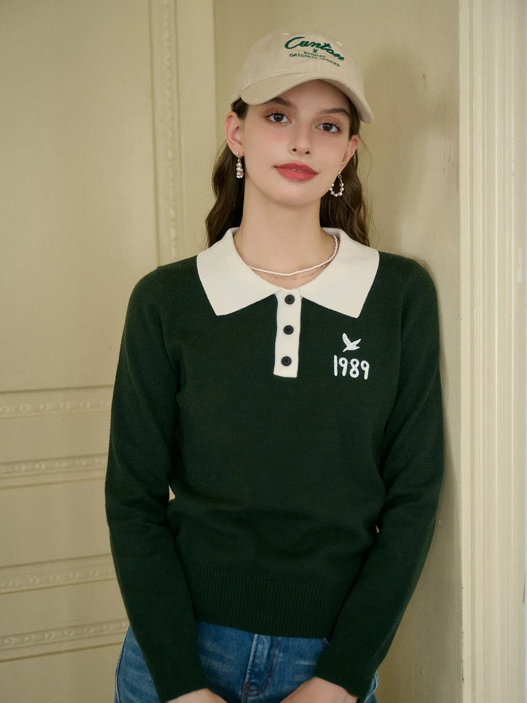 Katie Classic Contrast Lapel Bird Embroidered Sweater AdjustableClosure Flex Fit Shoulder Construction