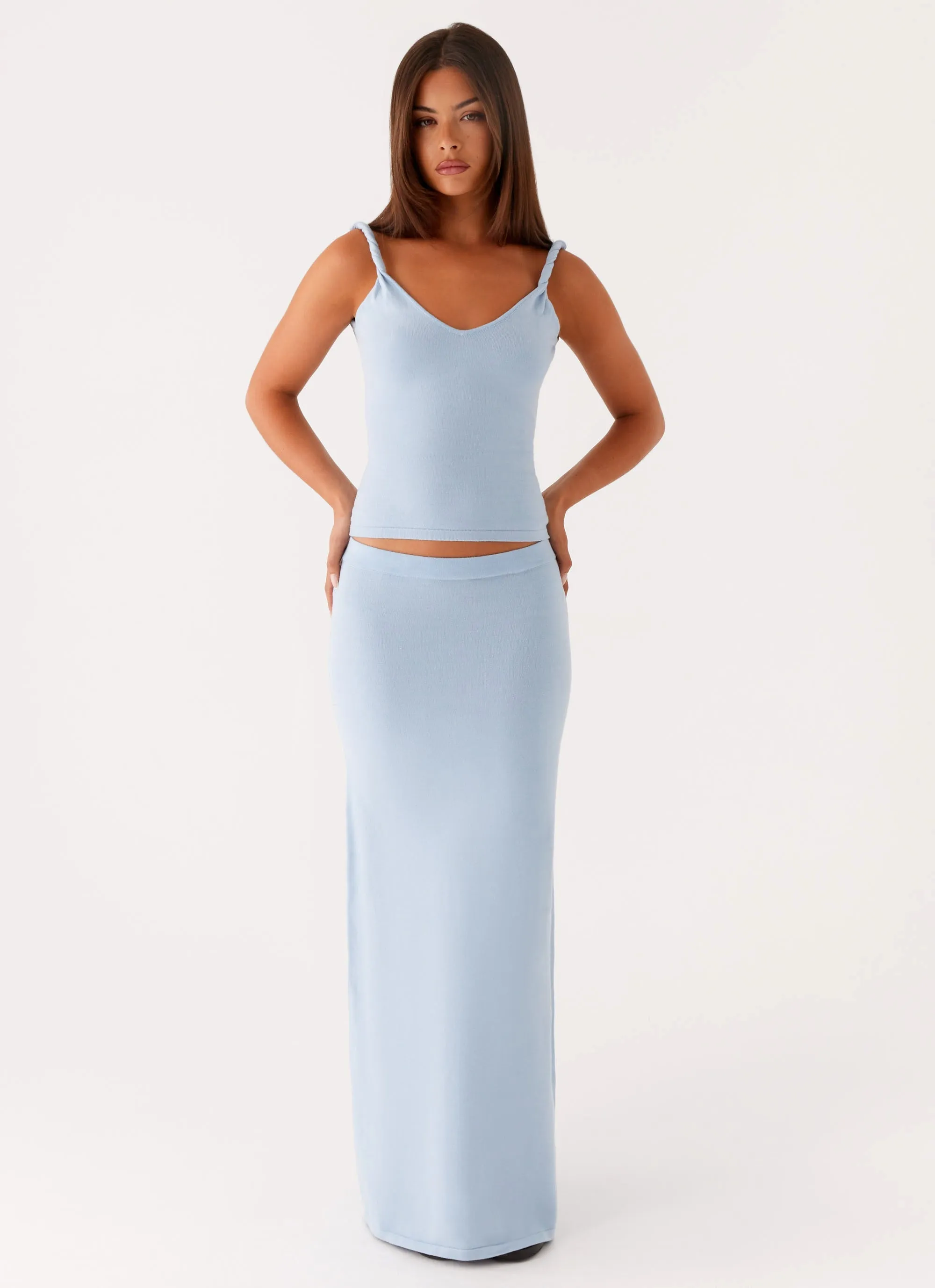 Vegan Material Fashion Pulse Anastasia Knit Maxi Skirt - Blue