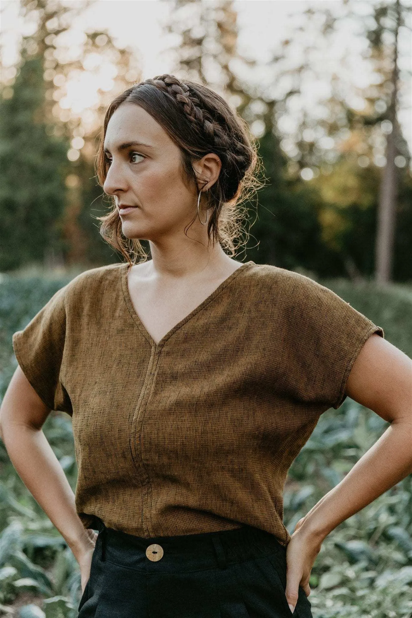 Foldable Cuff Design Dolman Top in Golden Checker