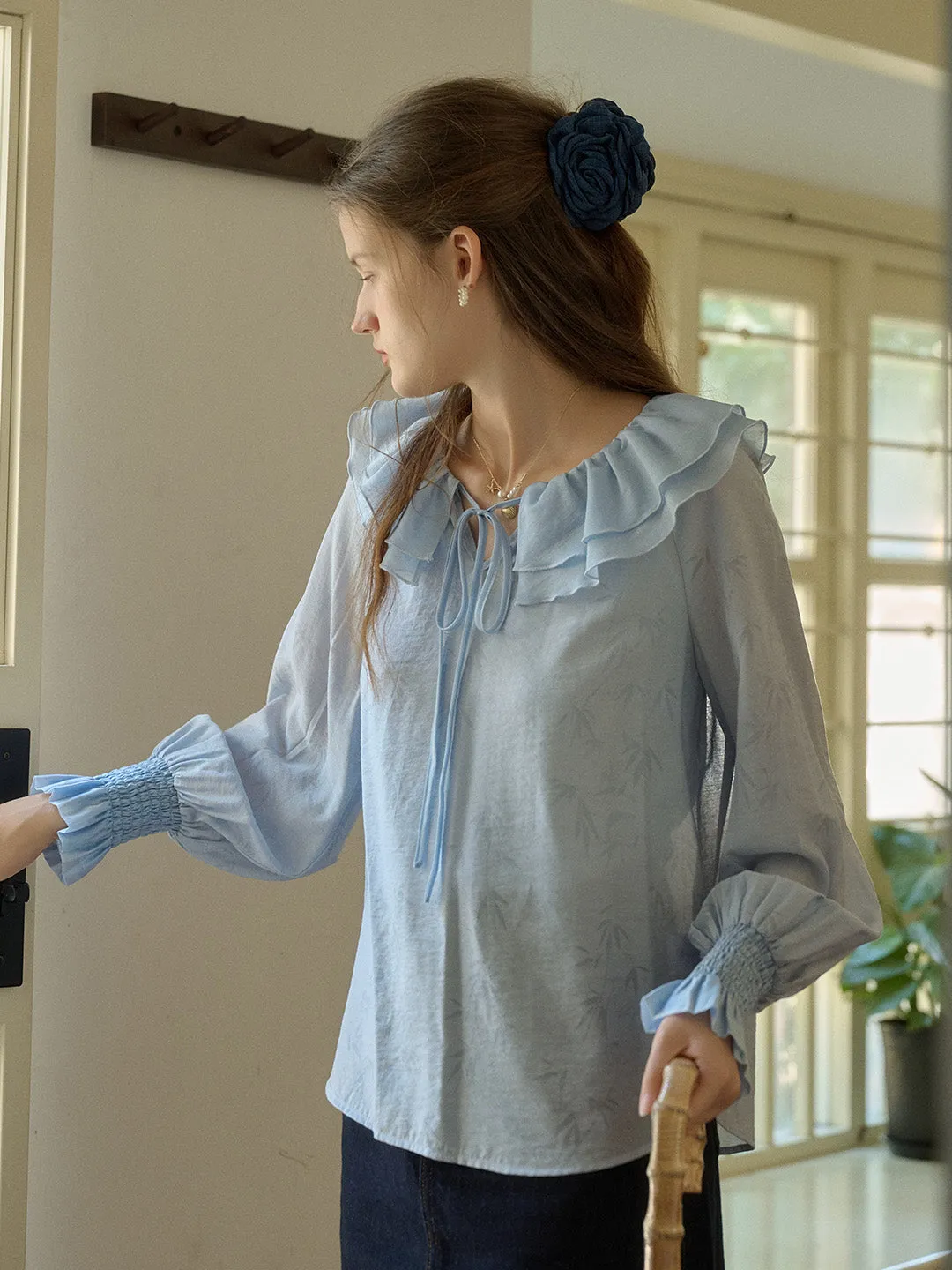 AdjustableCuffSystem Kelsey Bamboo Leaf Printed Double-layer Ruffle Collar Tie-Up Lantern Sleeve Trim Blouse (with Lined Top) - Blue