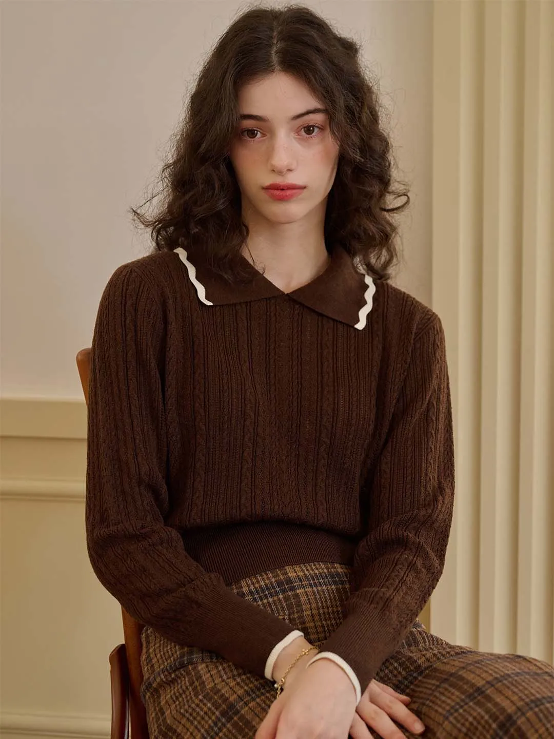 Long Sleeve Polo ContrastPlacket Maria Contrast Wavy Lapel Knitted Sweater