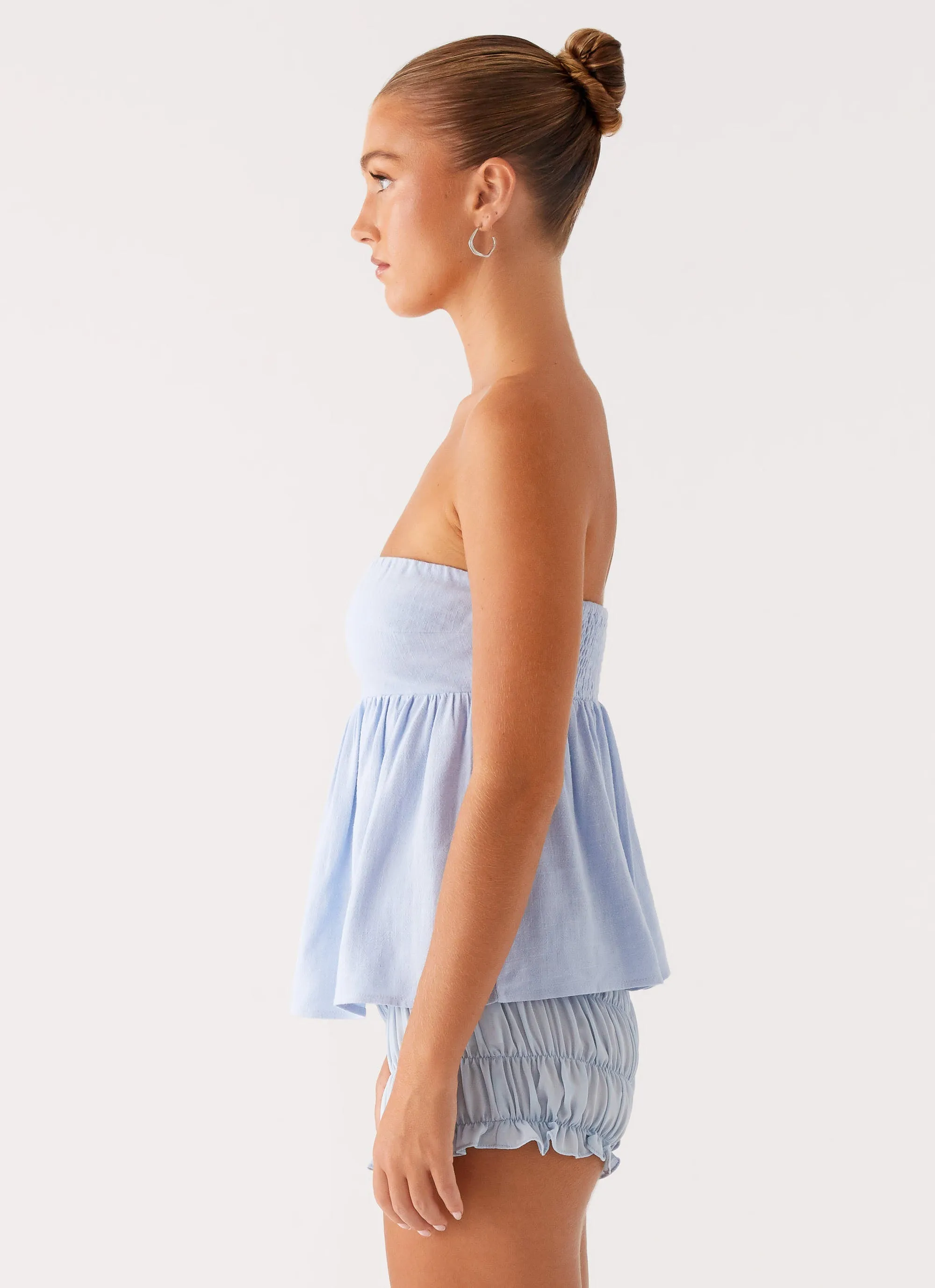 Cassie Tube Top - Blue Wrinkle Resistant Weave