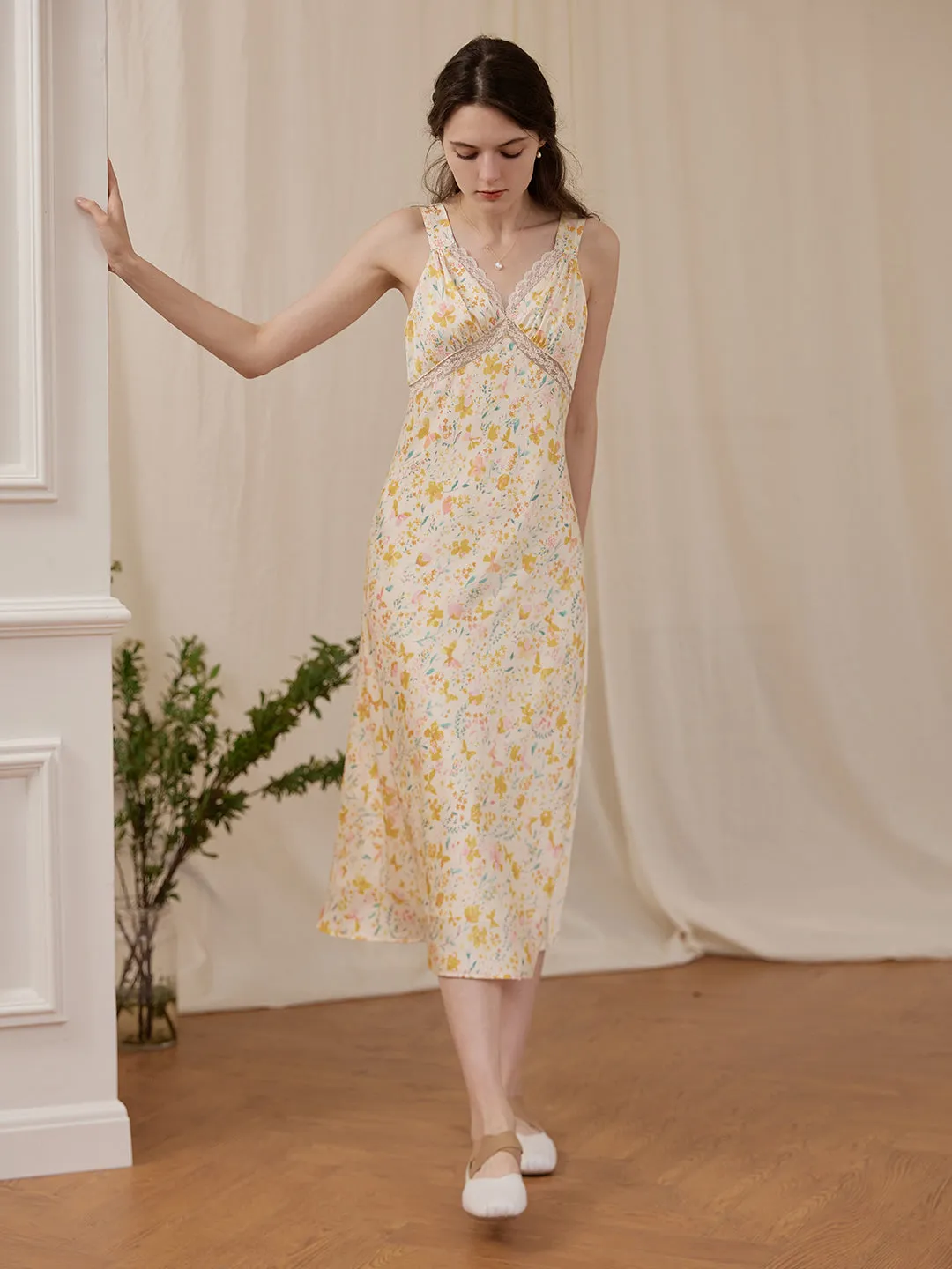 ??Final Sale??Annie Printed Lace Yellow Midi Nightgown slim fit WrinkleFree Finish