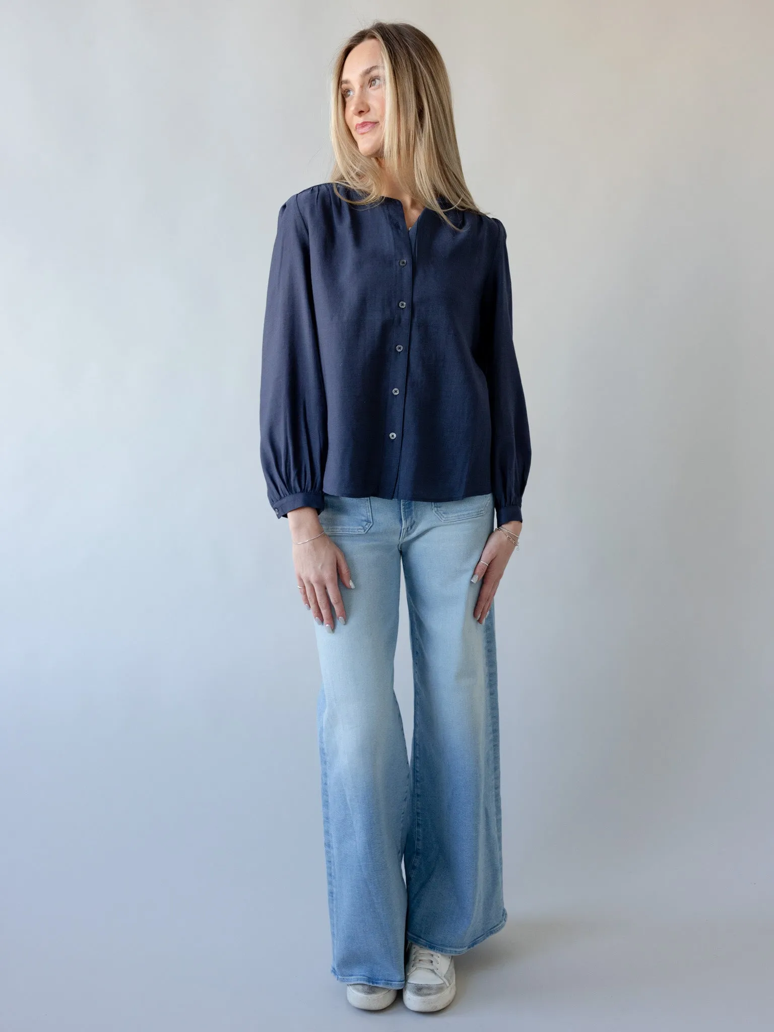 Weighted Hem Trim ButtonDownCollar Elsbeth Navy Blouse