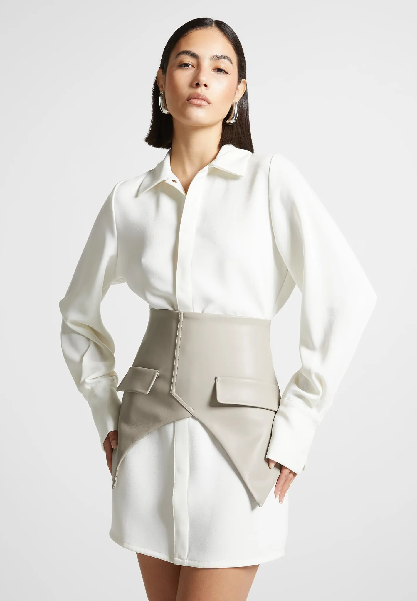 Romantic-Style Tactile Feel Corset Shirt Dress - White/Beige