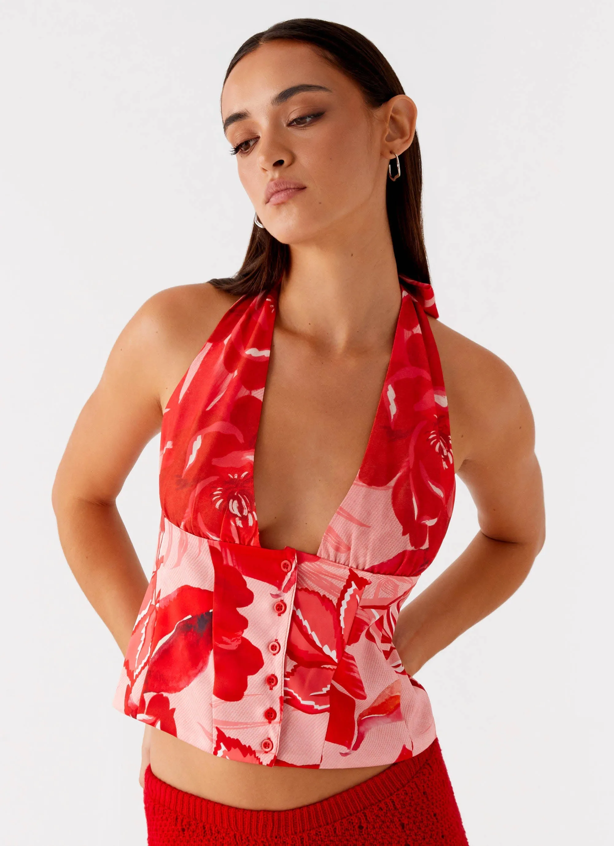 Lets Pretend Halterneck Top - Sicily Sunsets Print Ergonomic Shoulder Cut MinimalistDesign