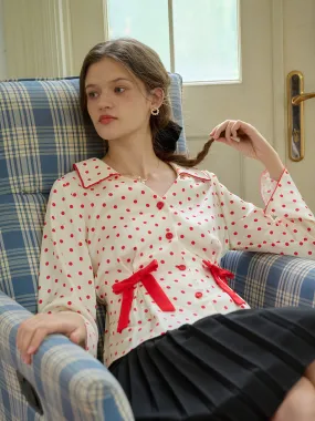 ??Final Sale??Emiliana V-Neck Polka Dots Bow Contrasting Blouse Everyday Comfort