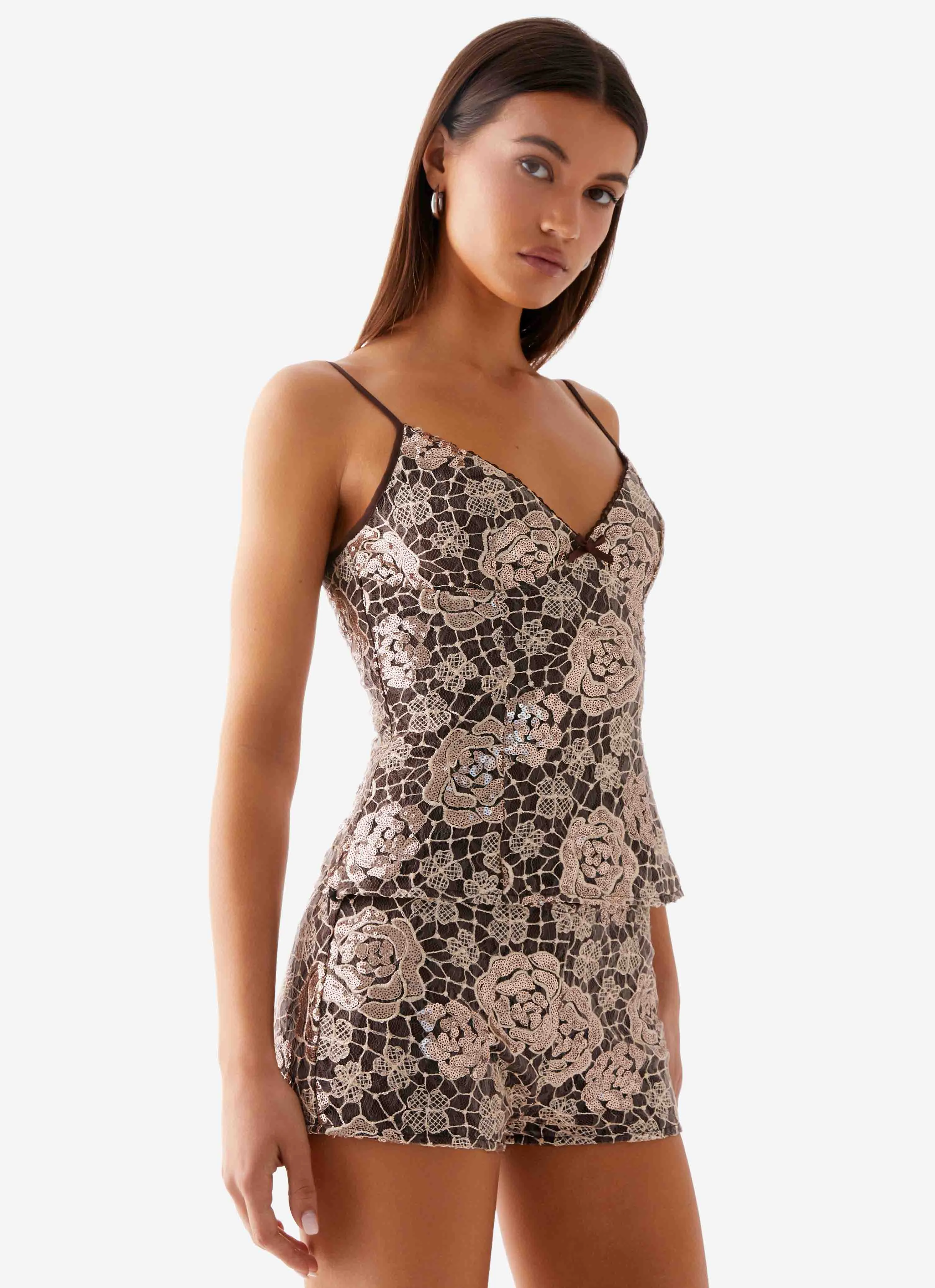 Fade Resistant Treatment Durable Hem Stitching Apolina Sequin Cami Top - Chocolate