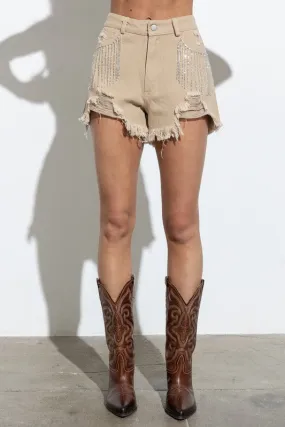 Presley Rhinestone Denim Shorts- Taupe Versatile Piece