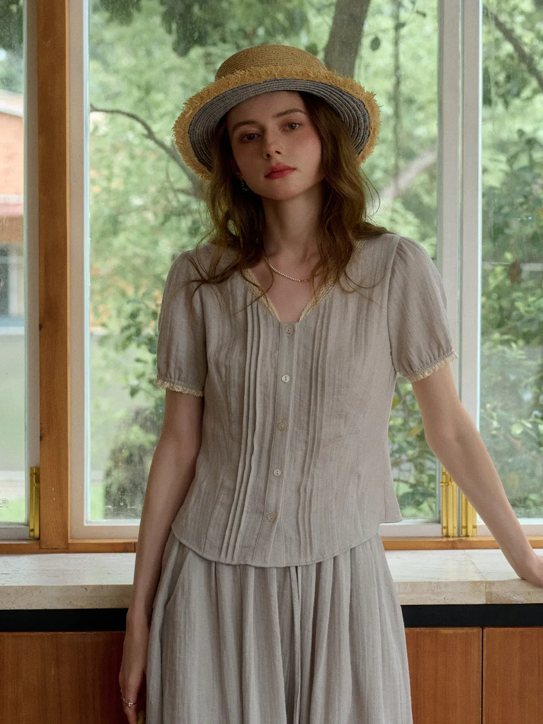 Arianna V-Neck Lyocell Linen Blouse ButtonDownCollar