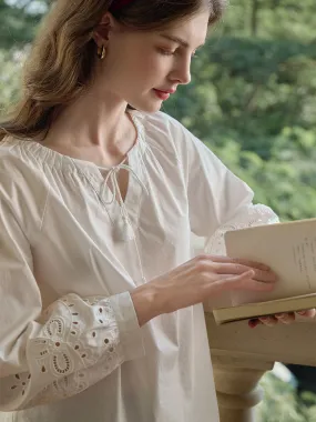 Flattering Drape Ariel Lace-up V-neck Hollow Embroidered Cotton Blouse