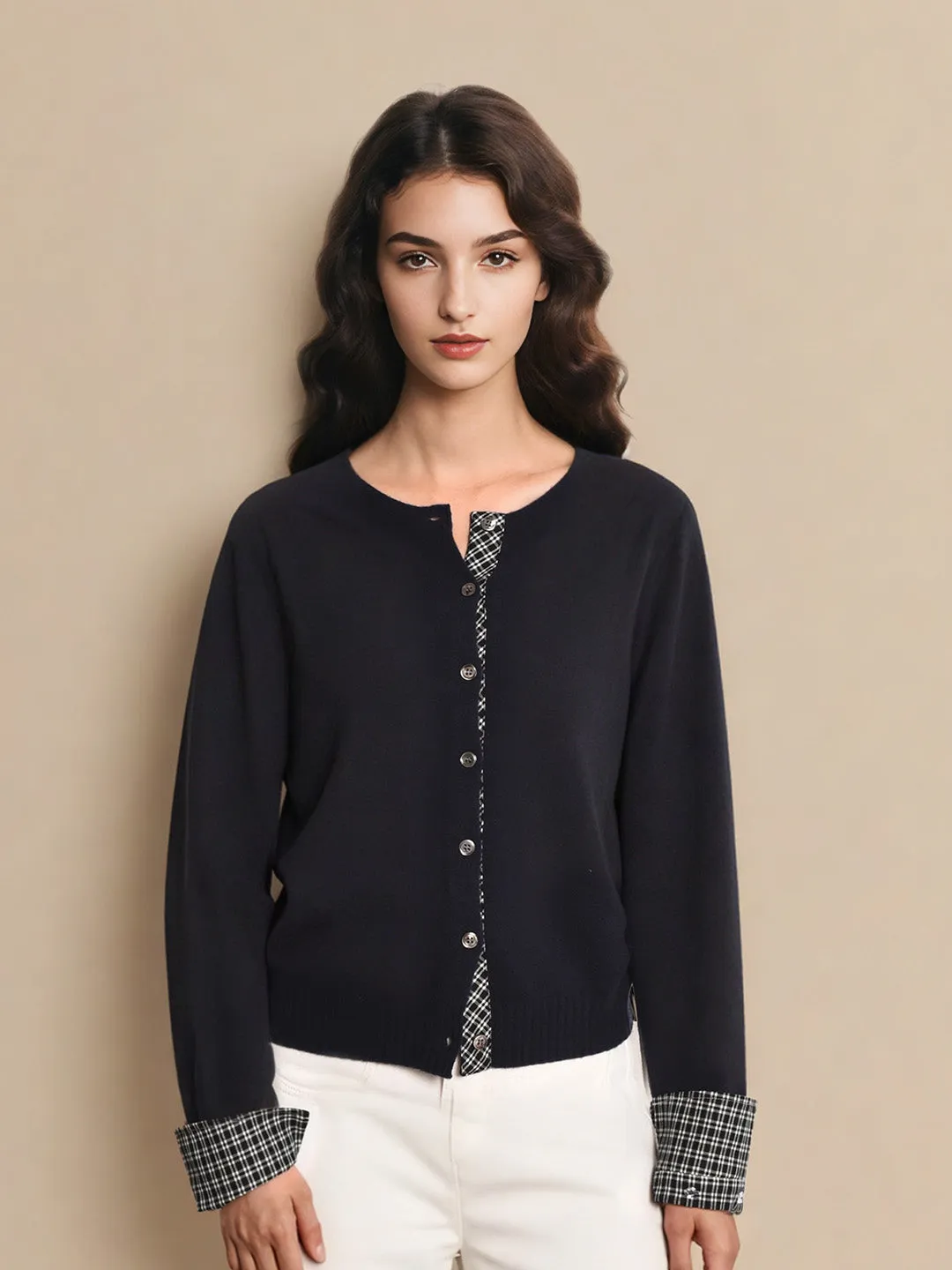 Ariyah Round Neck Plaid 100% Wool Cardigan Cozy Layer Simple Shirt