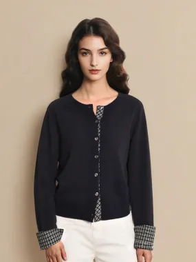 Ariyah Round Neck Plaid 100% Wool Cardigan Cozy Layer Simple Shirt