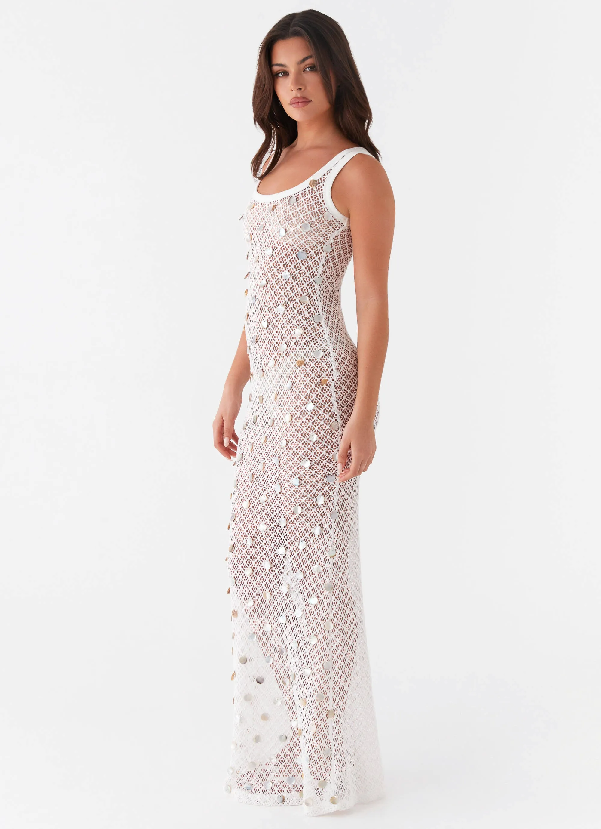 Penida Shell Knit Maxi Dress - White Everyday Comfort Wear Golden Scene
