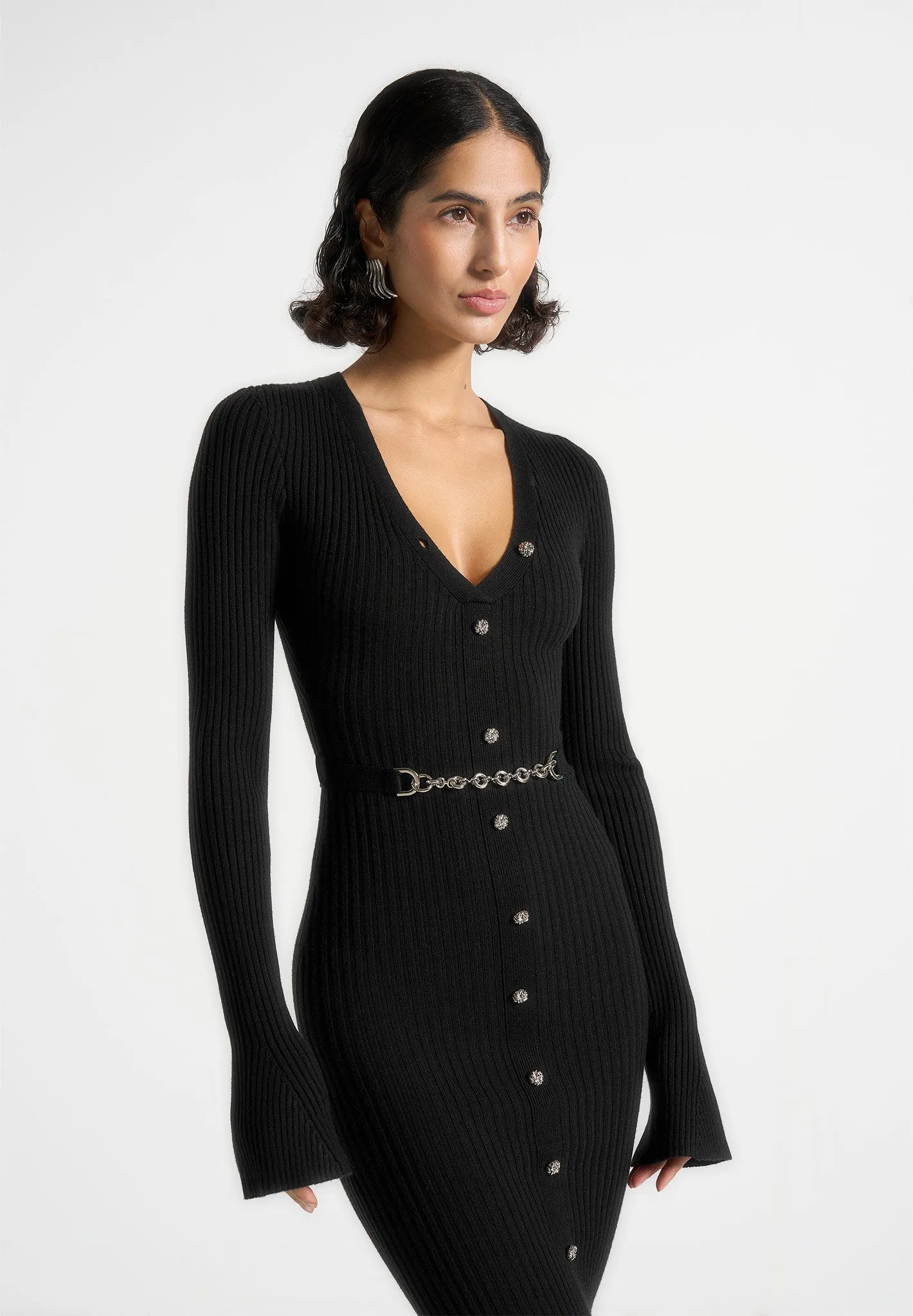 Assia - Long Sleeve Knitted Midaxi Dress With Belt - Black Chic Layering Tulle-Overlay