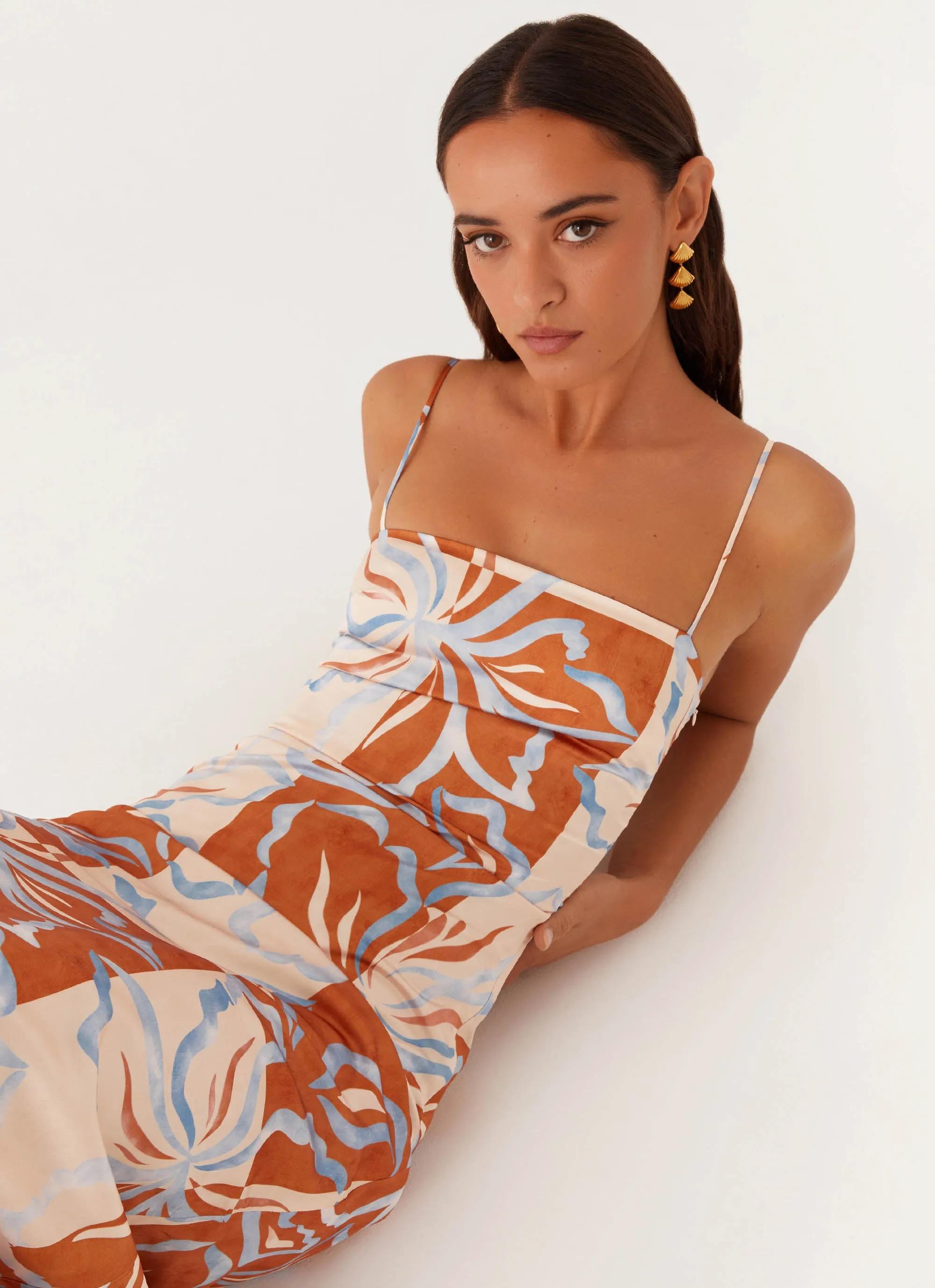 Versatile party outfit Bright Petal Aster Bloom Maxi Dress - Orange Blue Floral