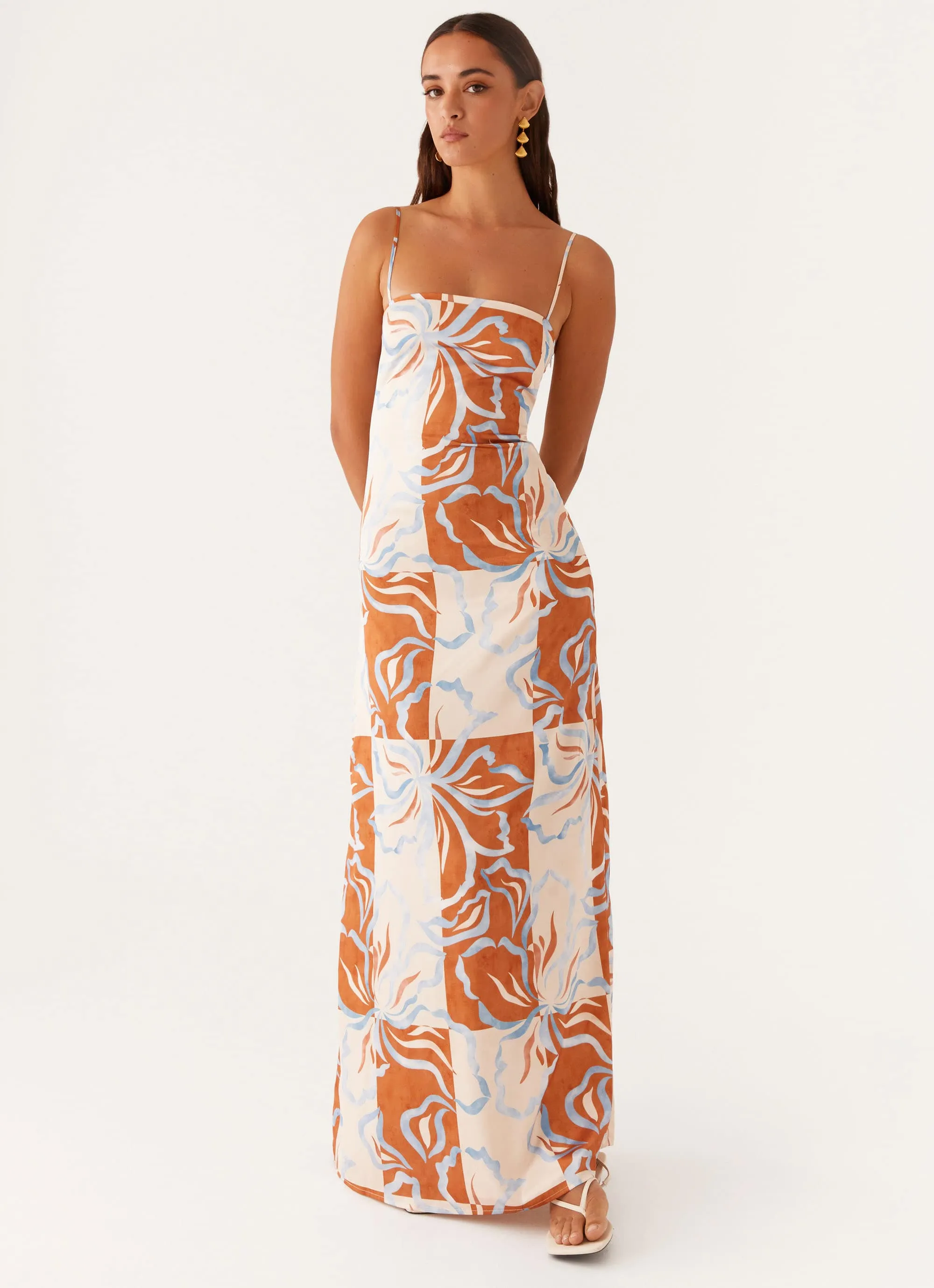 High-waisted evening piece Trend Focused Aster Bloom Maxi Dress - Orange Blue Floral
