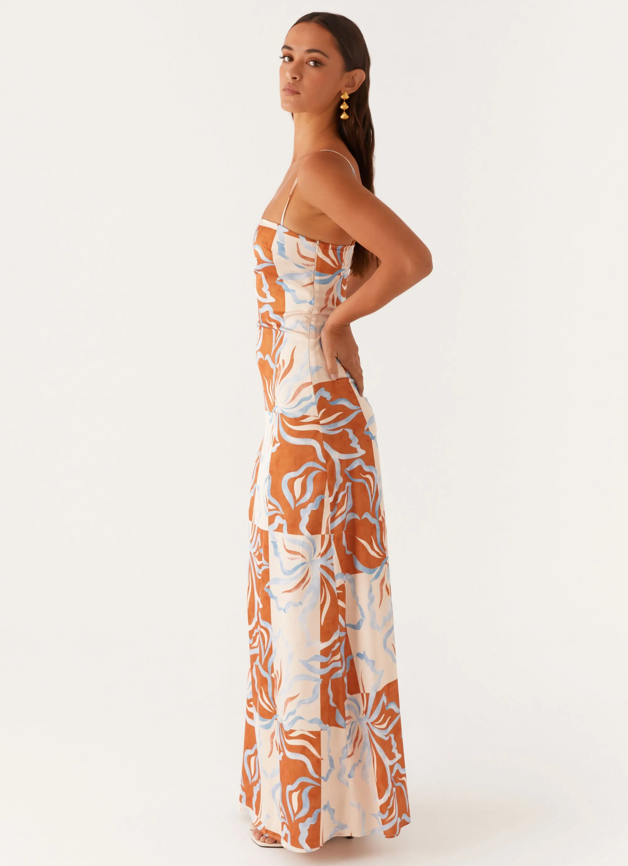 Versatile Fit Gathered Skirt Aster Bloom Maxi Dress - Orange Blue Floral