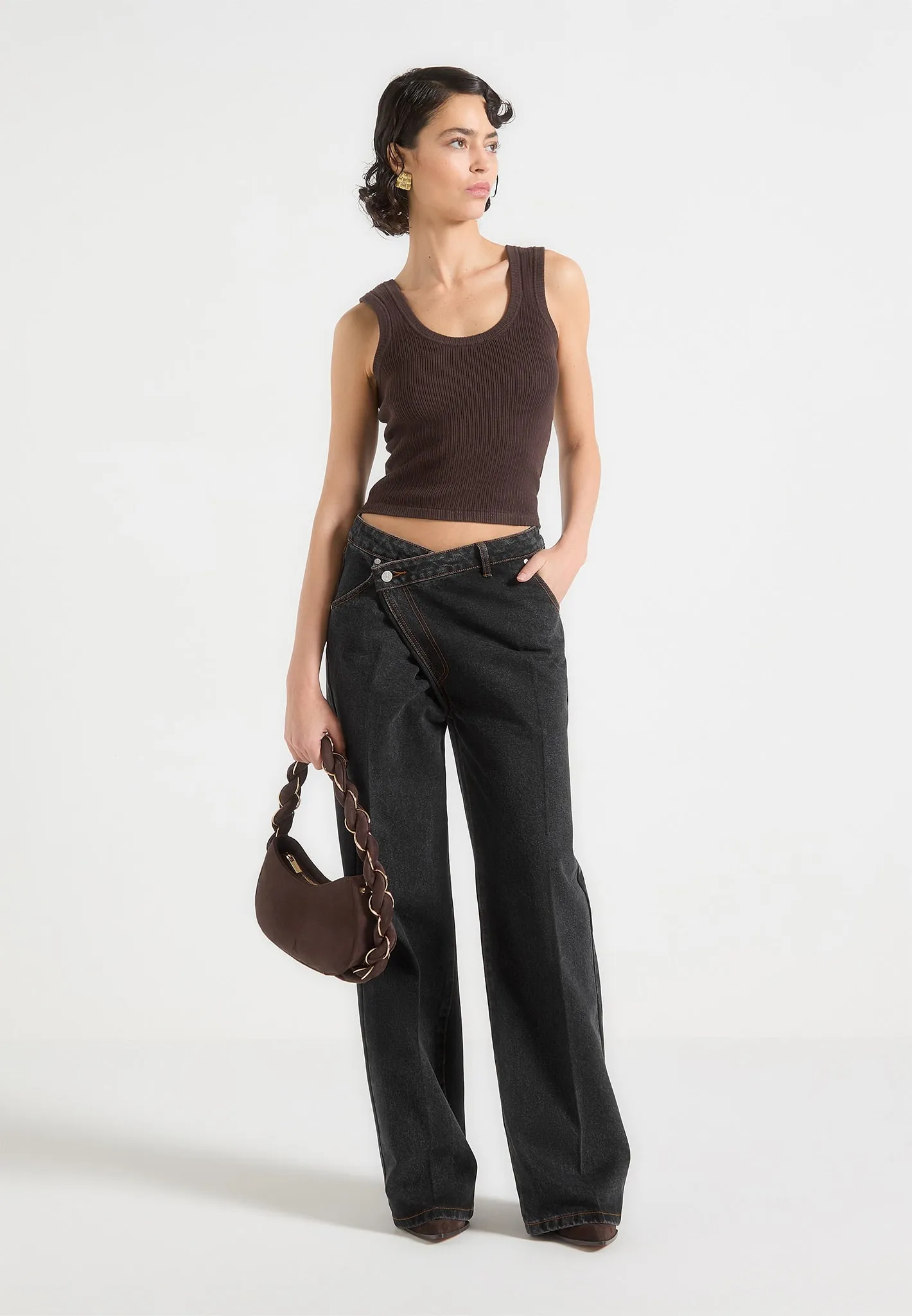 Astrid - Wrapover Wide Leg Jeans - Black Artist Vibe Smooth