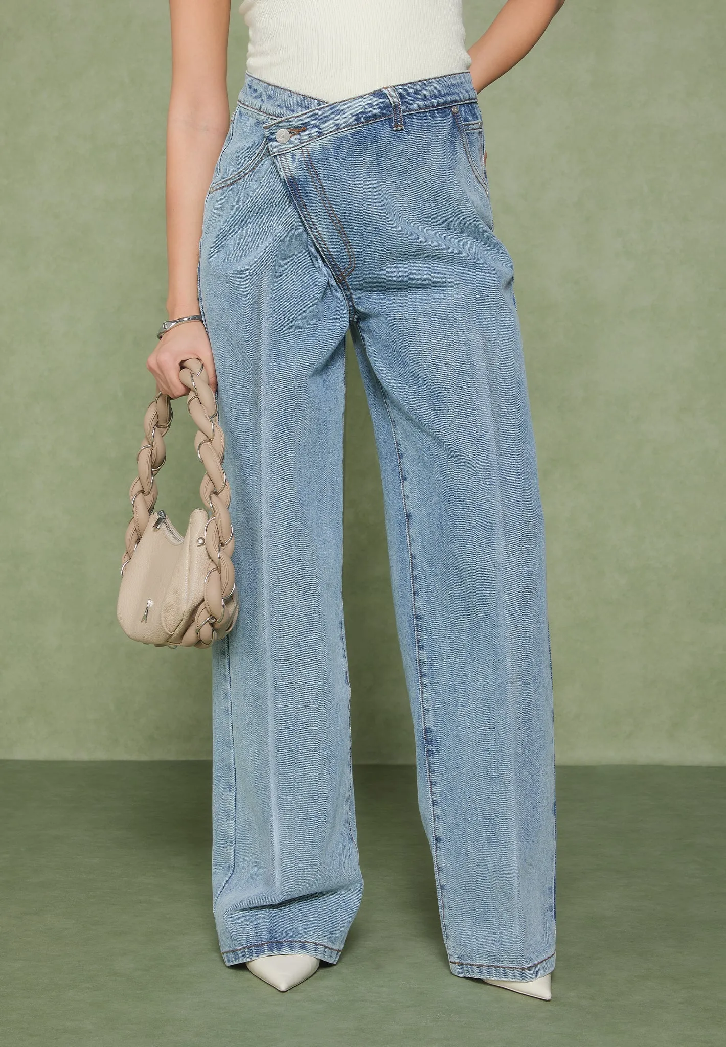 Astrid - Wrapover Wide Leg Jeans - Mid Blue Night Out Bold Look