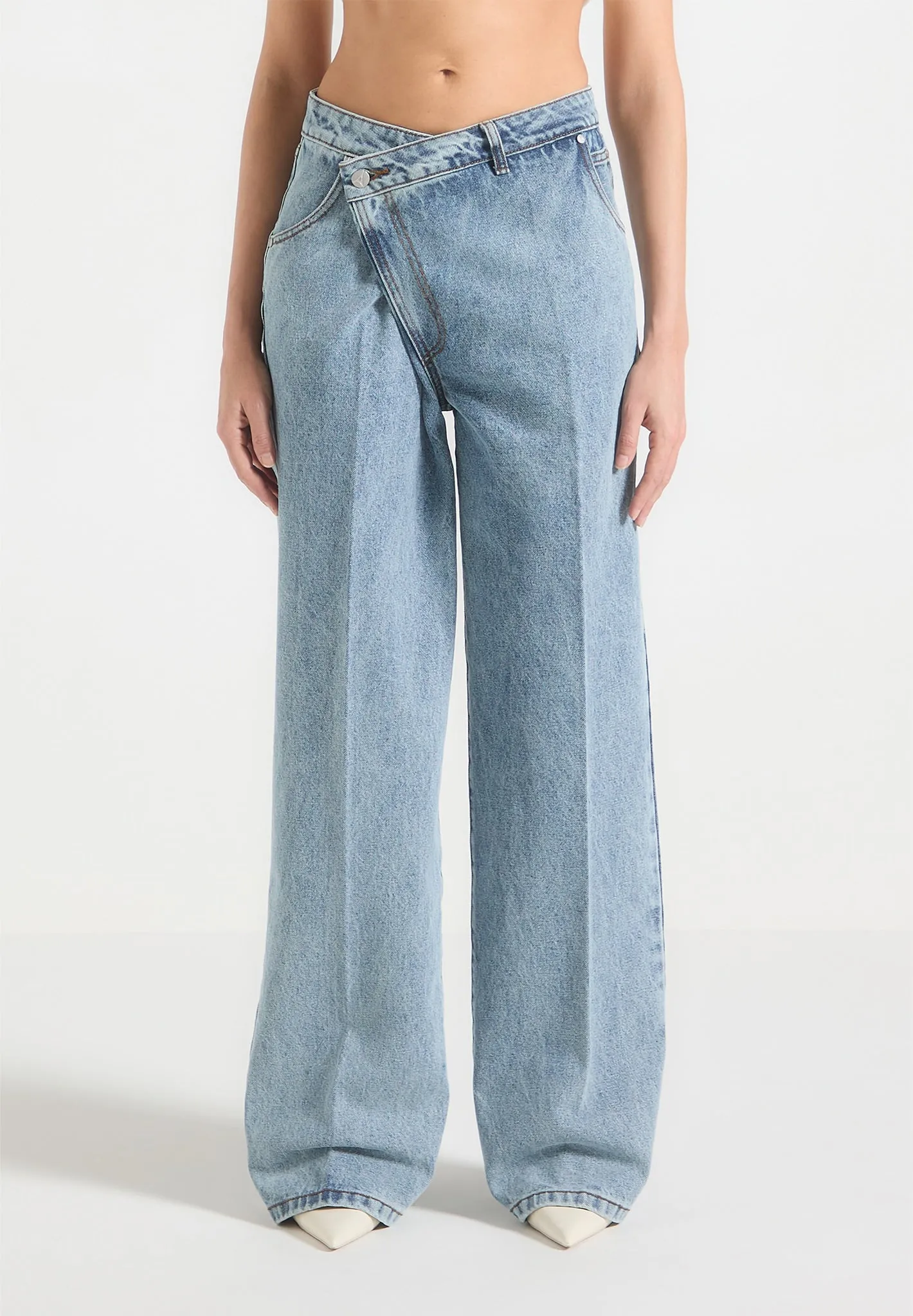 Astrid - Wrapover Wide Leg Jeans - Mid Blue Wardrobe Classic