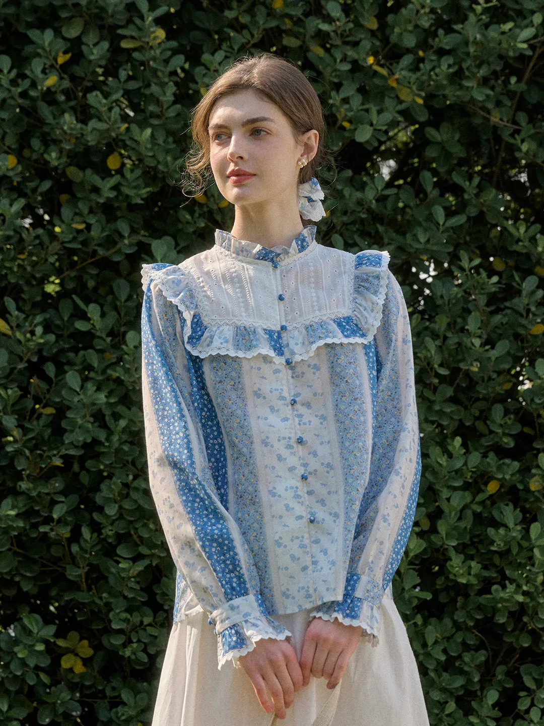 NaturalFiberBlend MinimalistDesign Emmie Trimmed Mock Neck Contrast Lace Floral Print Patchwork Blouse