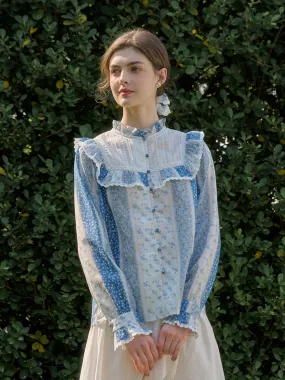 NaturalFiberBlend MinimalistDesign Emmie Trimmed Mock Neck Contrast Lace Floral Print Patchwork Blouse