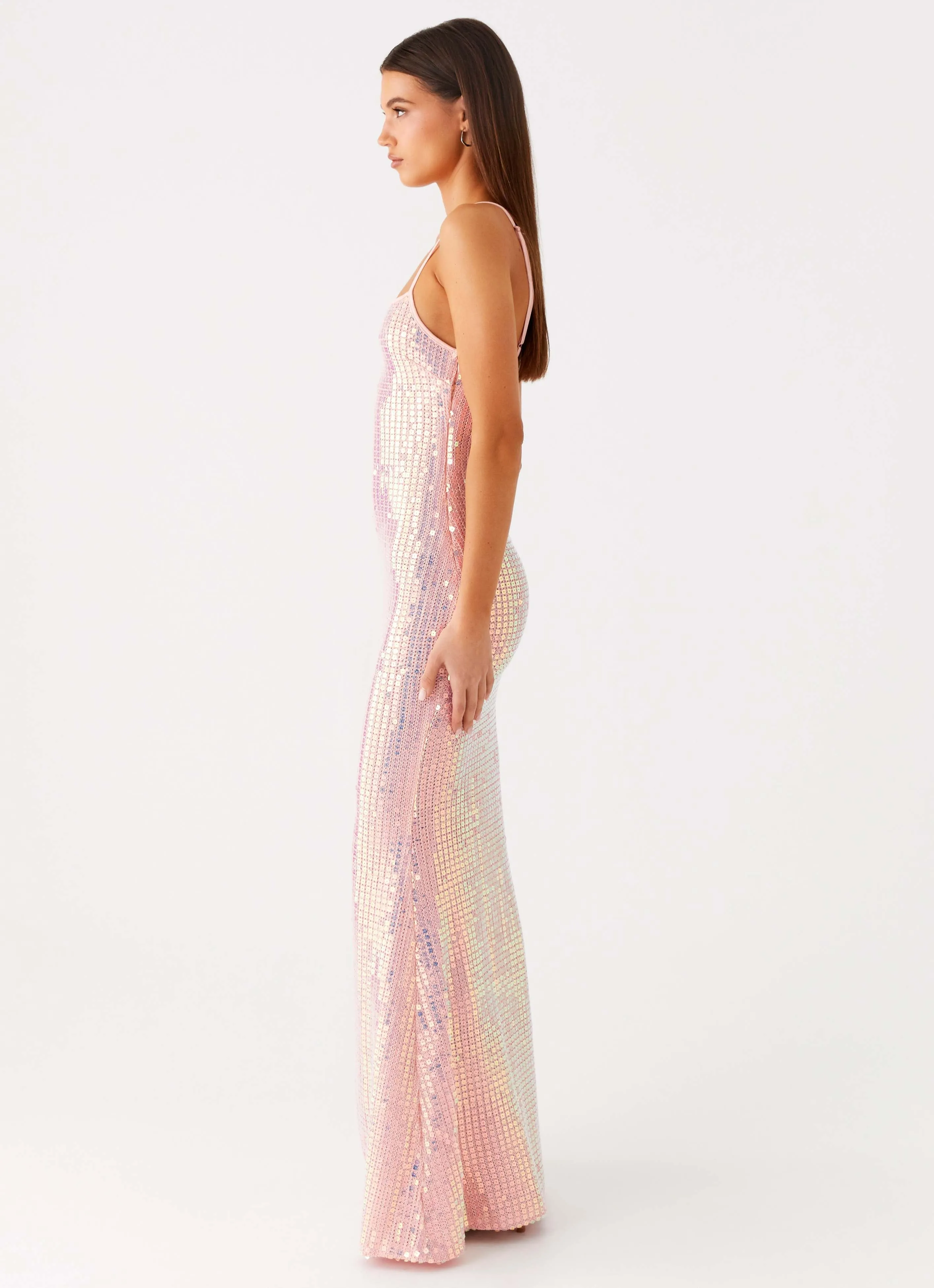 Climate-Adaptive Gloss Accent Attitude Knit Sequin Maxi Dress - Iridescent Pink