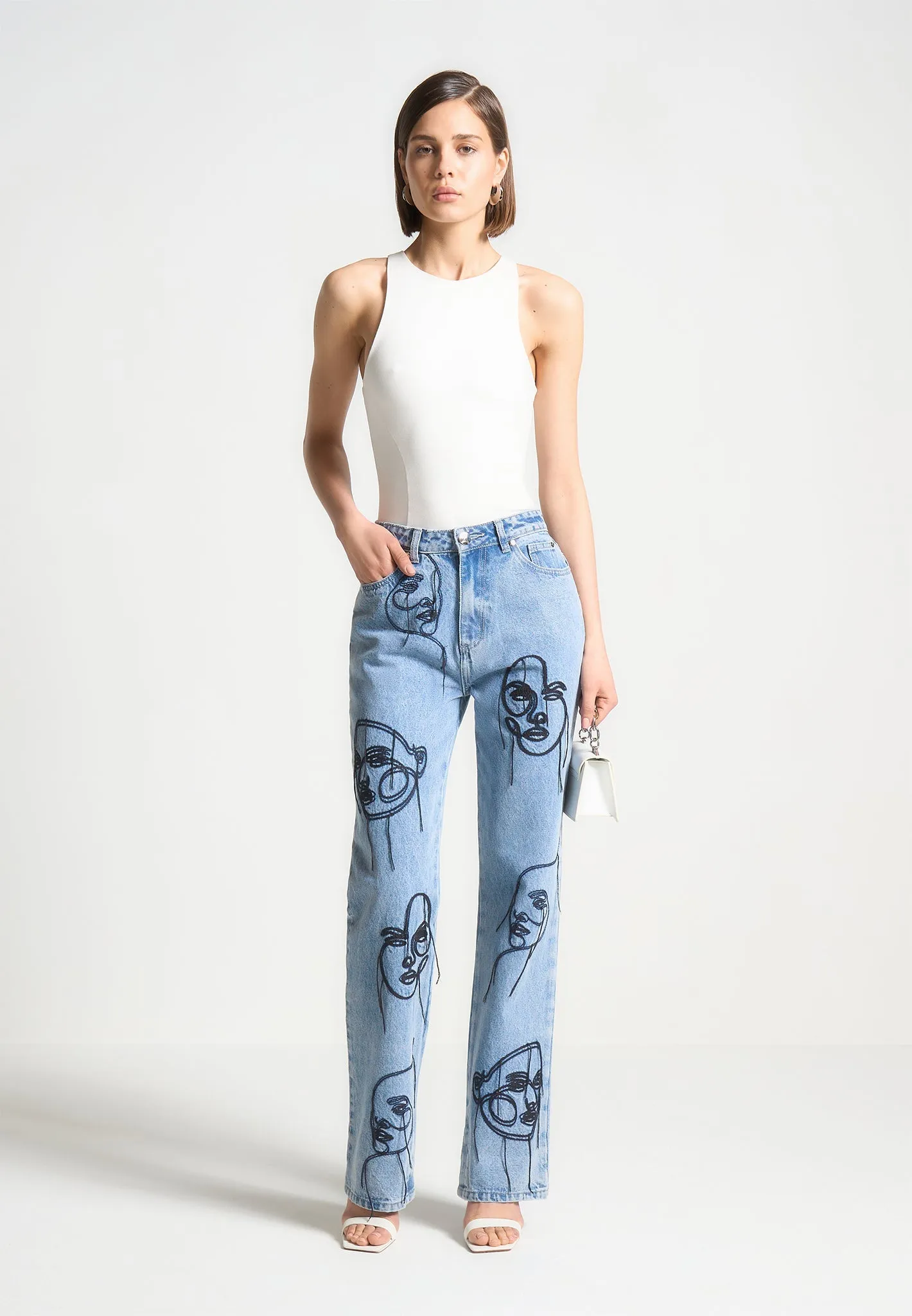 Office Wear Weekend Warrior Trend Setter Timeless Wear Audrey - Line Art Straight Leg Jeans - Mid Blue